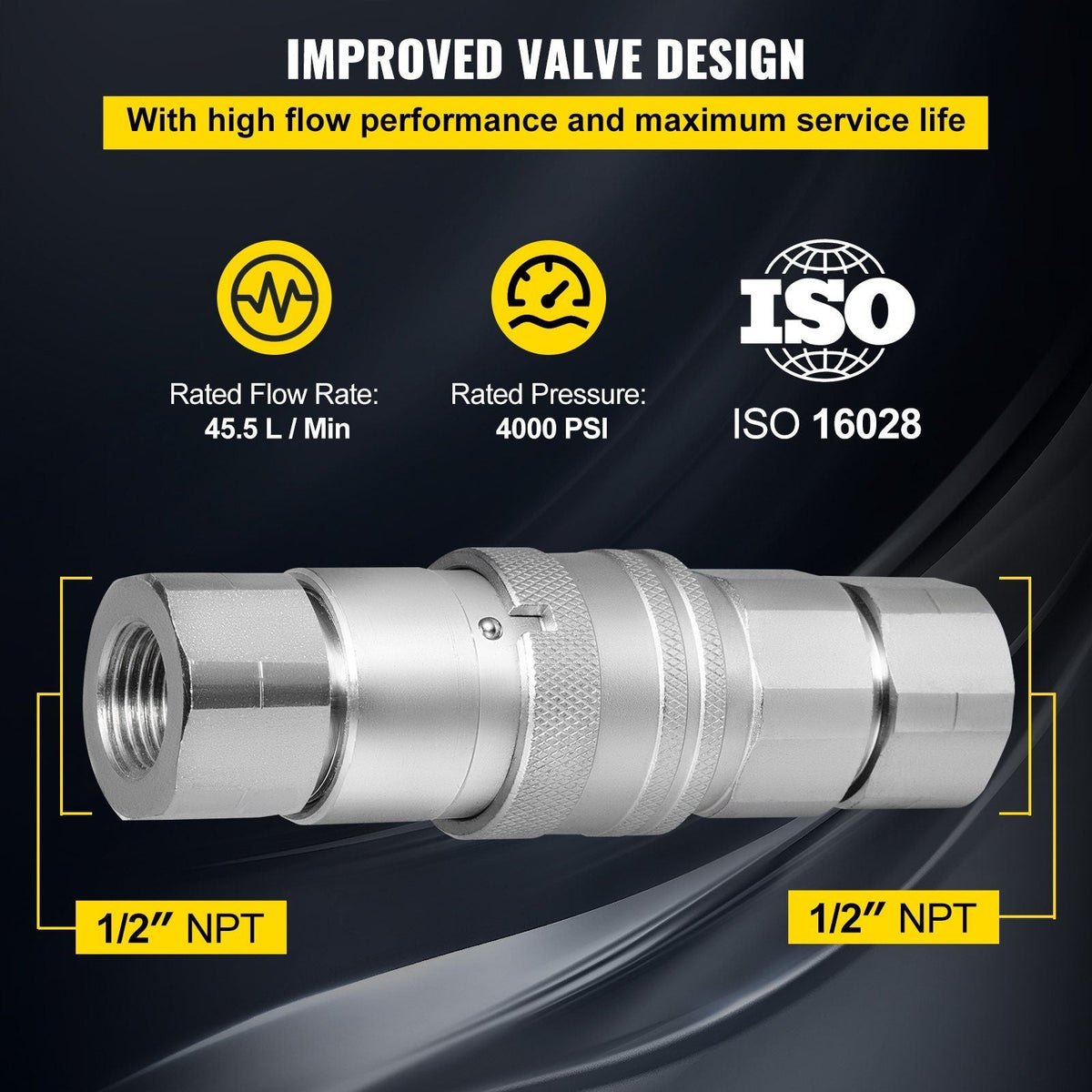 Skid Steer Hydraulic Quick Connect 1/2" Body Hydraulic Coupler 1/2" NPT Hydraulic Coupling Quick Connect 2 Pairs Hydraulic Quick Coupler 27.6 MPa (ISO 16028) (2 Pairs)