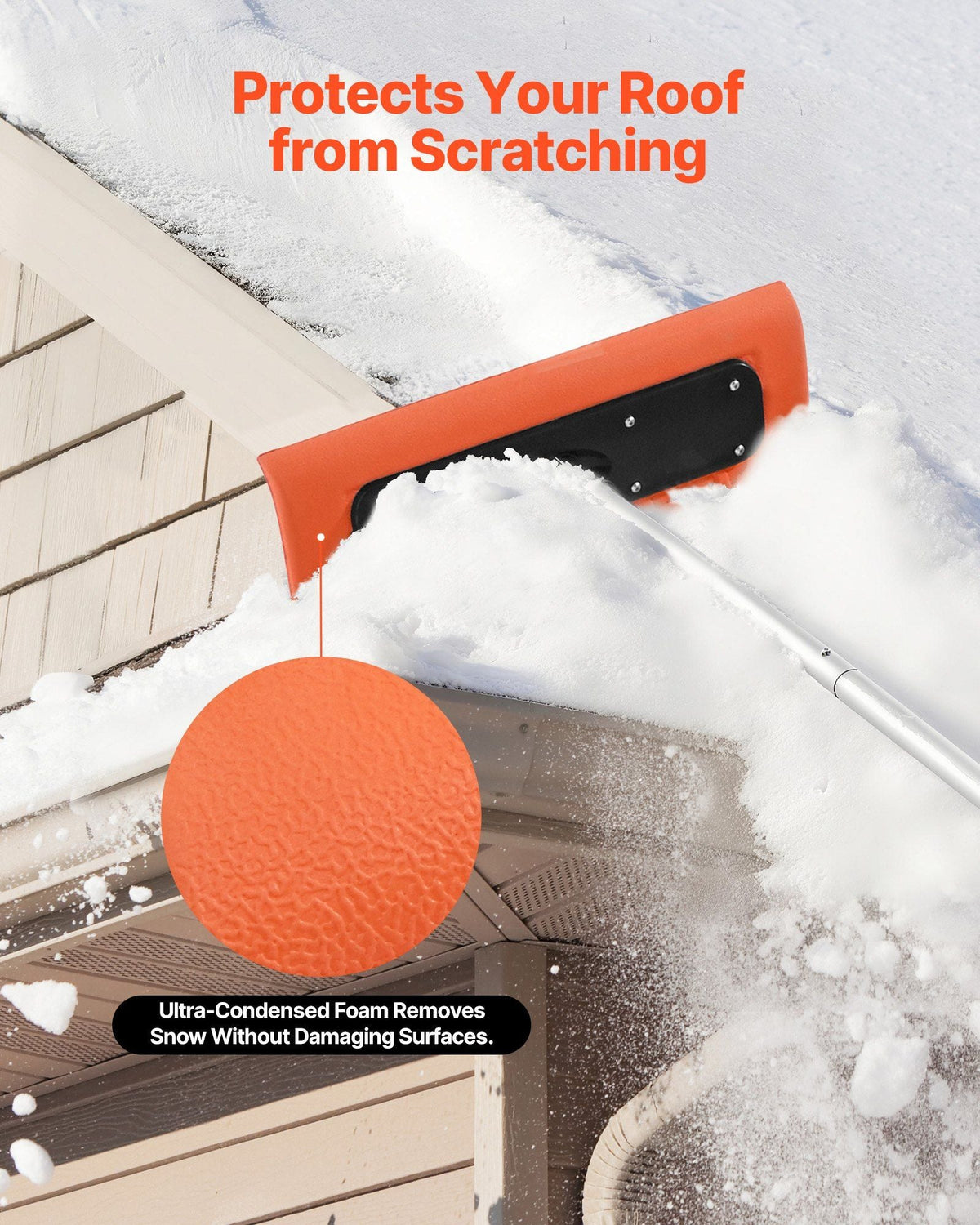 Snow Roof Rake, 17.7 in Foam Blade, 7.3-18.4 ft Adjustable Roof Snow Scraper, Extension Tubes & Non-Slip Handle, Lightweight Snows Removal Tool for House Leaves Debris Clearing