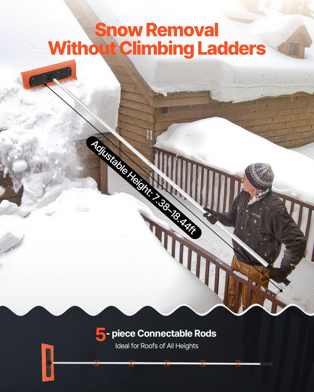 Snow Roof Rake, 17.7 in Foam Blade, 7.3-18.4 ft Adjustable Roof Snow Scraper, Extension Tubes & Non-Slip Handle, Lightweight Snows Removal Tool for House Leaves Debris Clearing