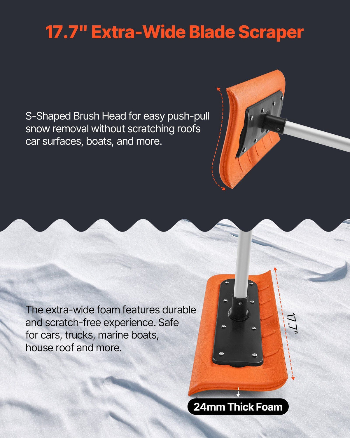 Snow Roof Rake, 17.7 in Foam Blade, 7.3-18.4 ft Adjustable Roof Snow Scraper, Extension Tubes & Non-Slip Handle, Lightweight Snows Removal Tool for House Leaves Debris Clearing