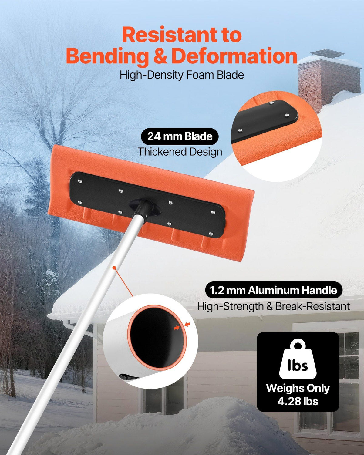 Snow Roof Rake, 17.7 in Foam Blade, 7.3-18.4 ft Adjustable Roof Snow Scraper, Extension Tubes & Non-Slip Handle, Lightweight Snows Removal Tool for House Leaves Debris Clearing