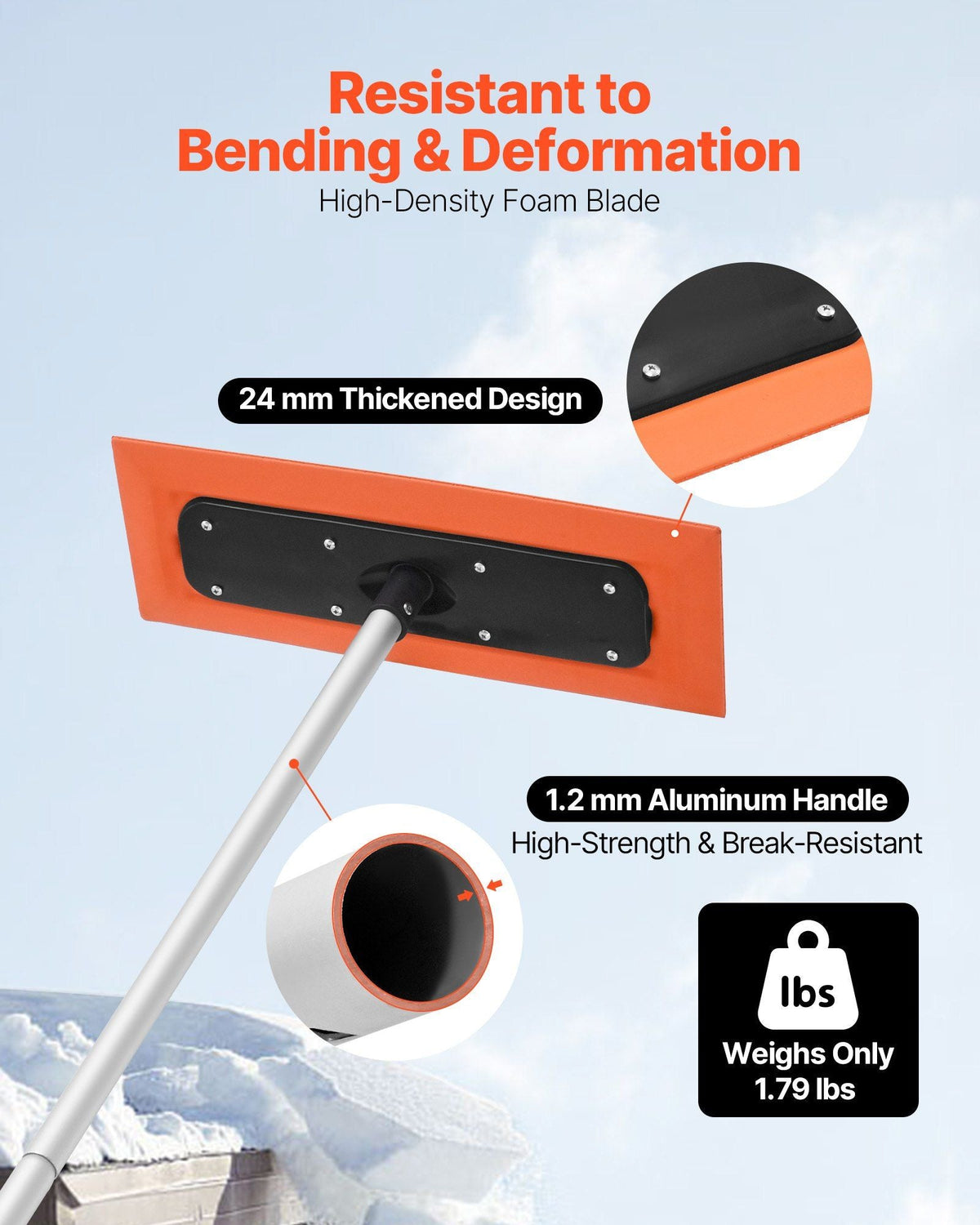 Snow Roof Rake, 4ft Long Reach Car Roof Snow Scraper, 17.7 in Foam Blade for No Scratches, Non-Slip Handle, Lightweight Snows Removal Tool for Vehicle Garage Rooftop Leaves Debris Clearing