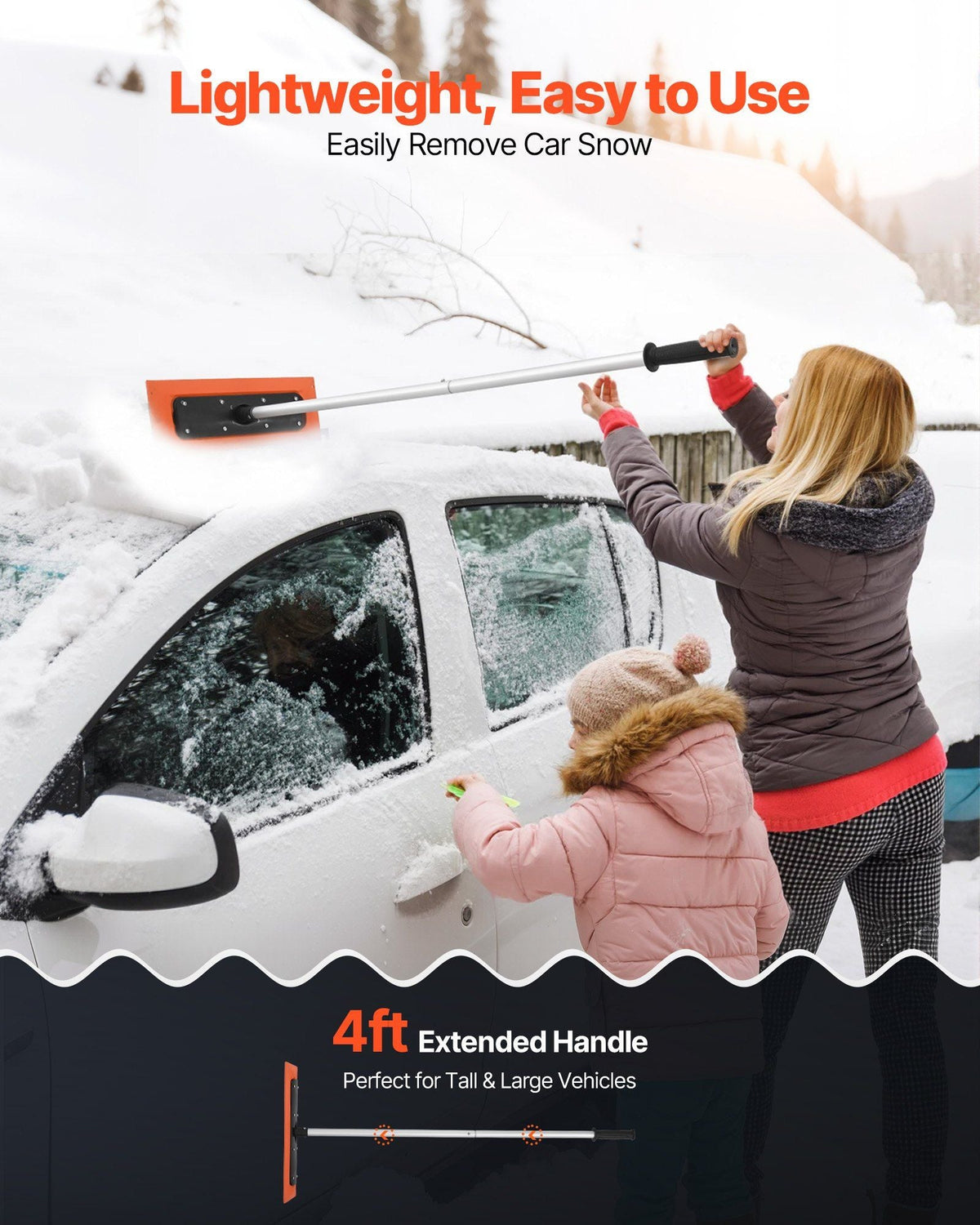 Snow Roof Rake, 4ft Long Reach Car Roof Snow Scraper, 17.7 in Foam Blade for No Scratches, Non-Slip Handle, Lightweight Snows Removal Tool for Vehicle Garage Rooftop Leaves Debris Clearing
