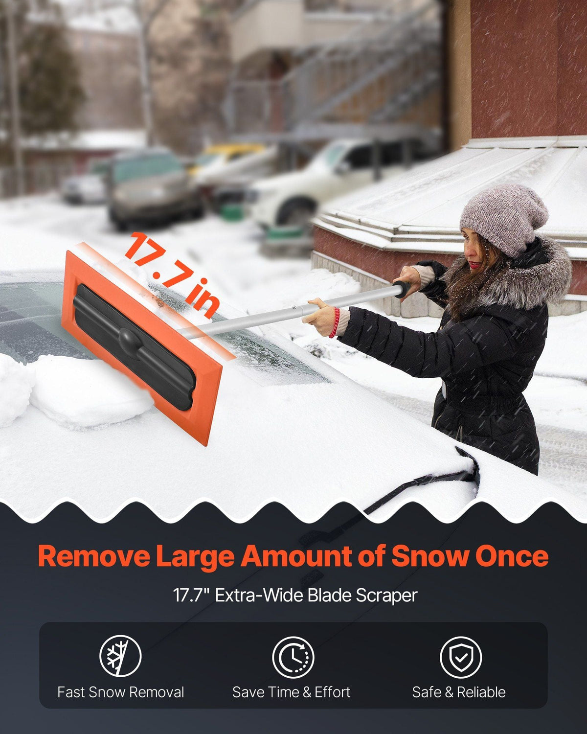 Snow Roof Rake, 4ft Long Reach Car Roof Snow Scraper, 17.7 in Foam Blade for No Scratches, Non-Slip Handle, Lightweight Snows Removal Tool for Vehicle Garage Rooftop Leaves Debris Clearing