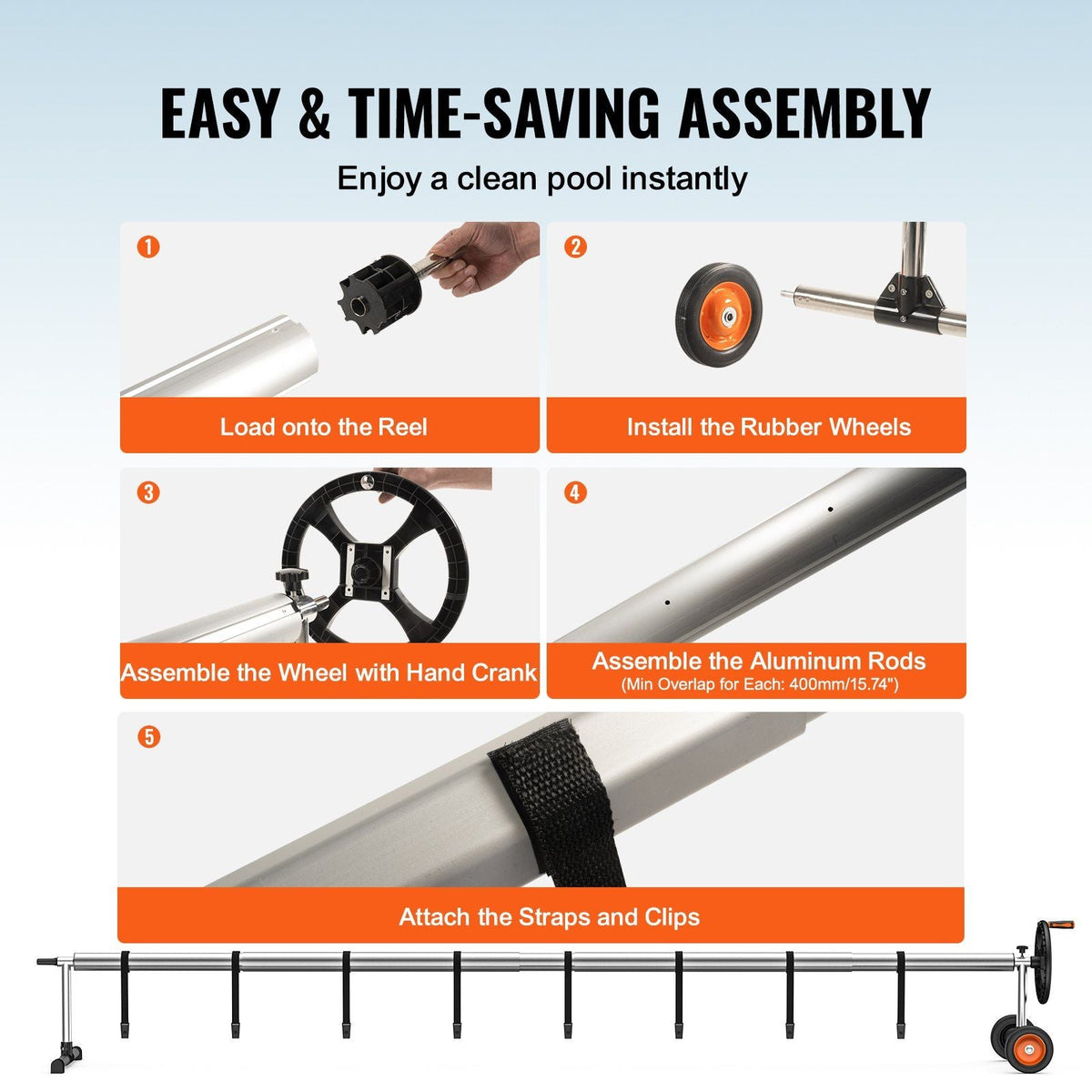 Solar Cover Reel 22 ft, Aluminum Pool Cover Reel for Inground Swimming Pools, Cover Reel Set with Sandbags & Rubber Wheels, Fits for 5-22 ft Width Swimming Pools