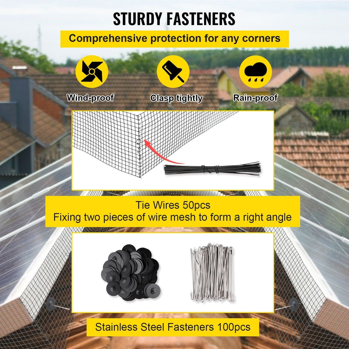 Solar Panel Bird Wire, 6inch x 98ft Critter Guard Roll Kit, Solar Panel Guard w/ 100pcs Stainless Steel Fasteners, 50pcs Tie Wires, Removable PVC Coated Wire for Squirrel Bird Critters Proofing