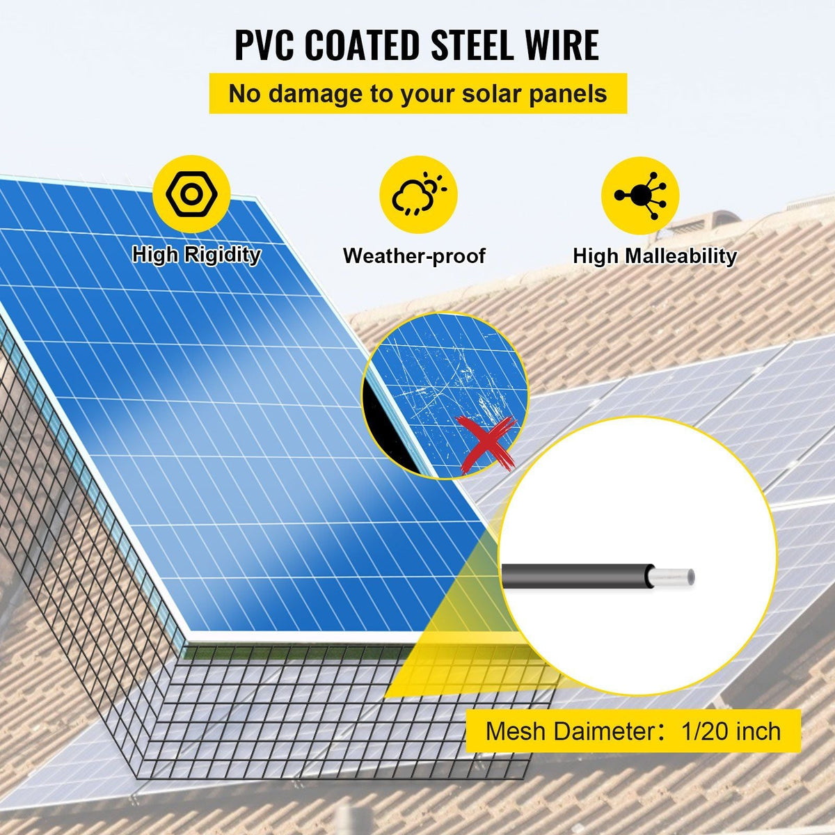 Solar Panel Bird Wire, 6inch x 98ft Critter Guard Roll Kit, Solar Panel Guard w/ 100pcs Stainless Steel Fasteners, 50pcs Tie Wires, Removable PVC Coated Wire for Squirrel Bird Critters Proofing