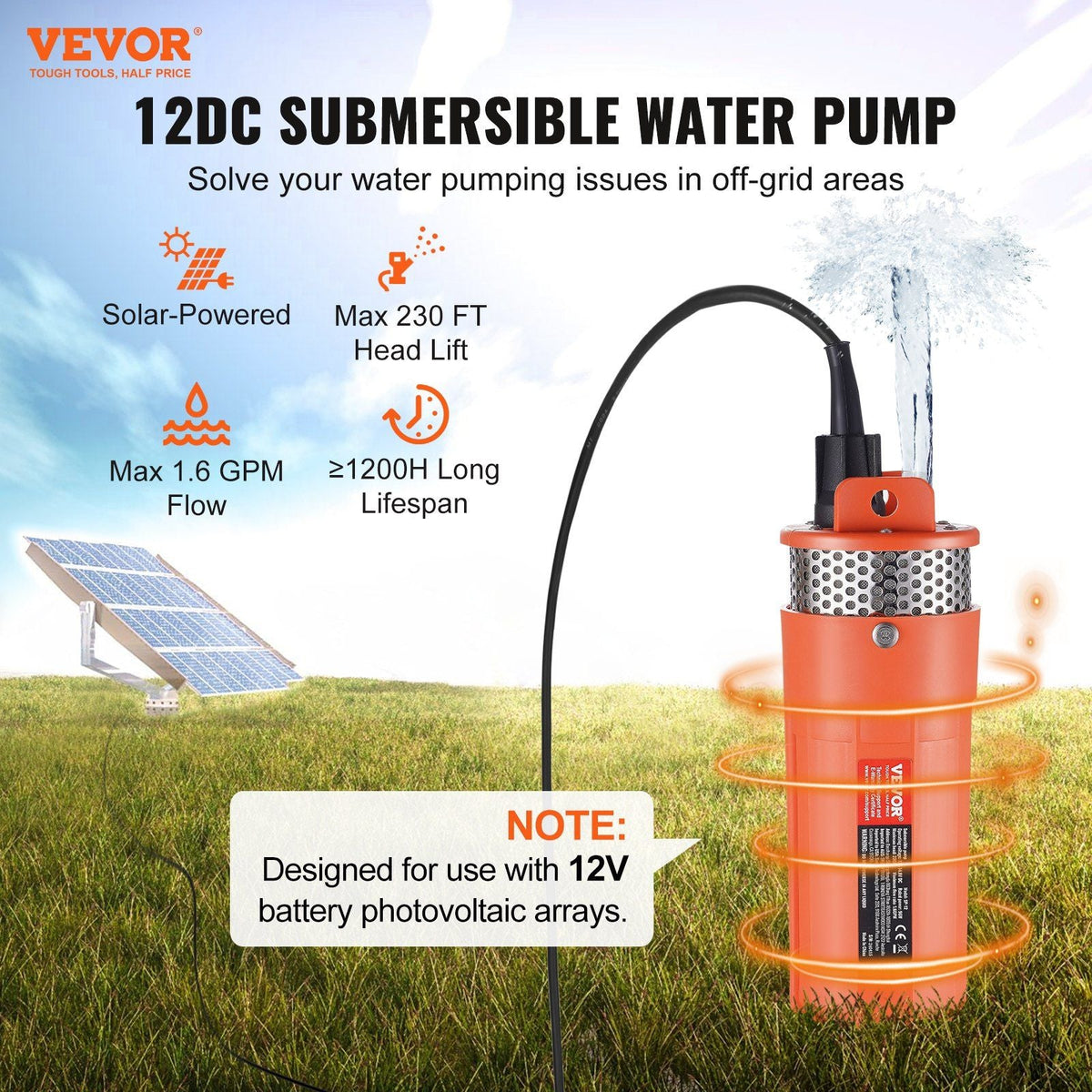 Solar Water Pump, 12V DC 96W Submersible Deep Well Pump, Max Flow 1.6 GPM, Max Head 230 ft, Max Submersion 98.4 ft, Solar Powered Water Pump for Well, Farm Ranch Irrigation, Livestock Drinking