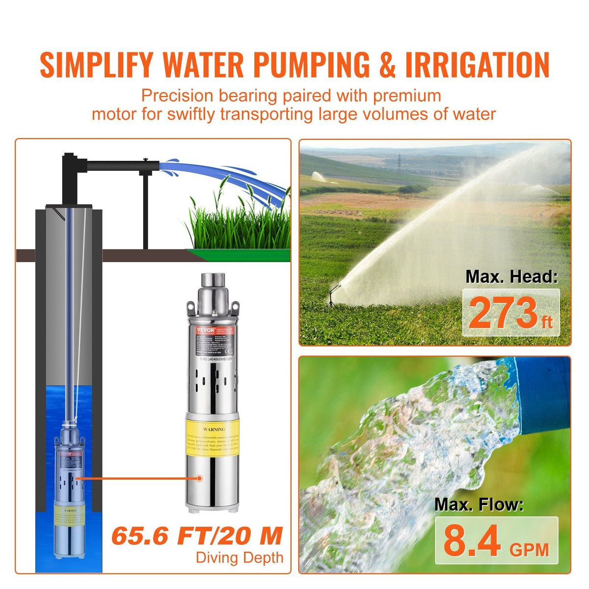Solar Water Pump, 48V DC 369W Submersible Deep Well Pump, Max Flow 8.4 GPM, Max Head 273 ft, Max Submersion 65.6 ft, Solar Powered Water Pump for Well, Farm Ranch Irrigation, Livestock Drinking