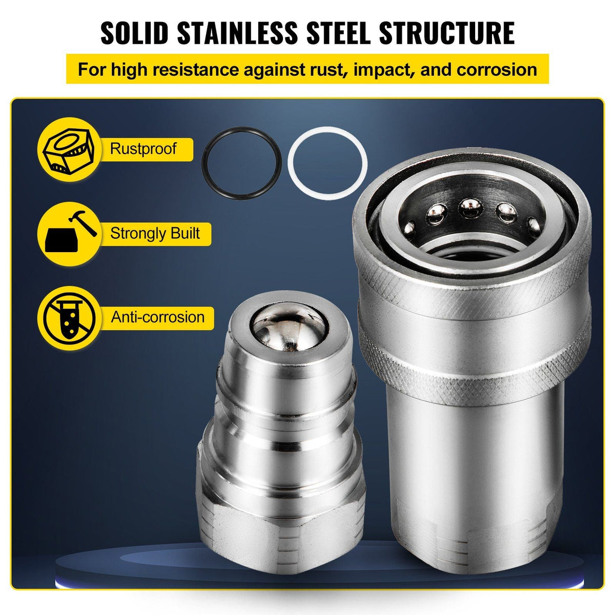 Spherical Face Hydraulic Couplers 1/4" Body 1/4" NPT Thread, Skid Steer Quick Connect Couplings, 5076 PSI Hydraulic Fittings, 2 Sets Hydraulic Couplers w/Dust Caps for Bobcat Case, Kubota