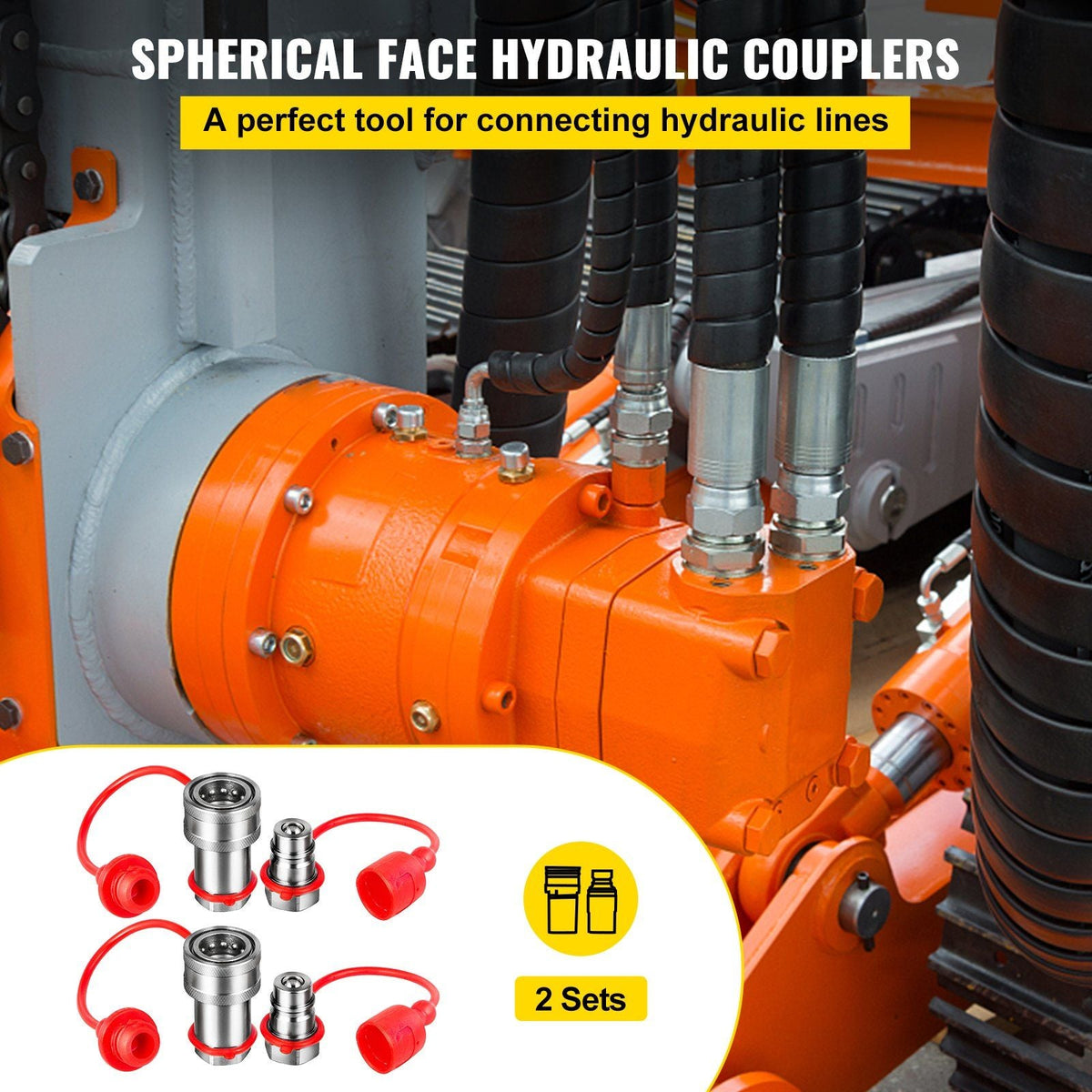 Spherical Face Hydraulic Couplers 1/4" Body 1/4" NPT Thread, Skid Steer Quick Connect Couplings, 5076 PSI Hydraulic Fittings, 2 Sets Hydraulic Couplers w/Dust Caps for Bobcat Case, Kubota