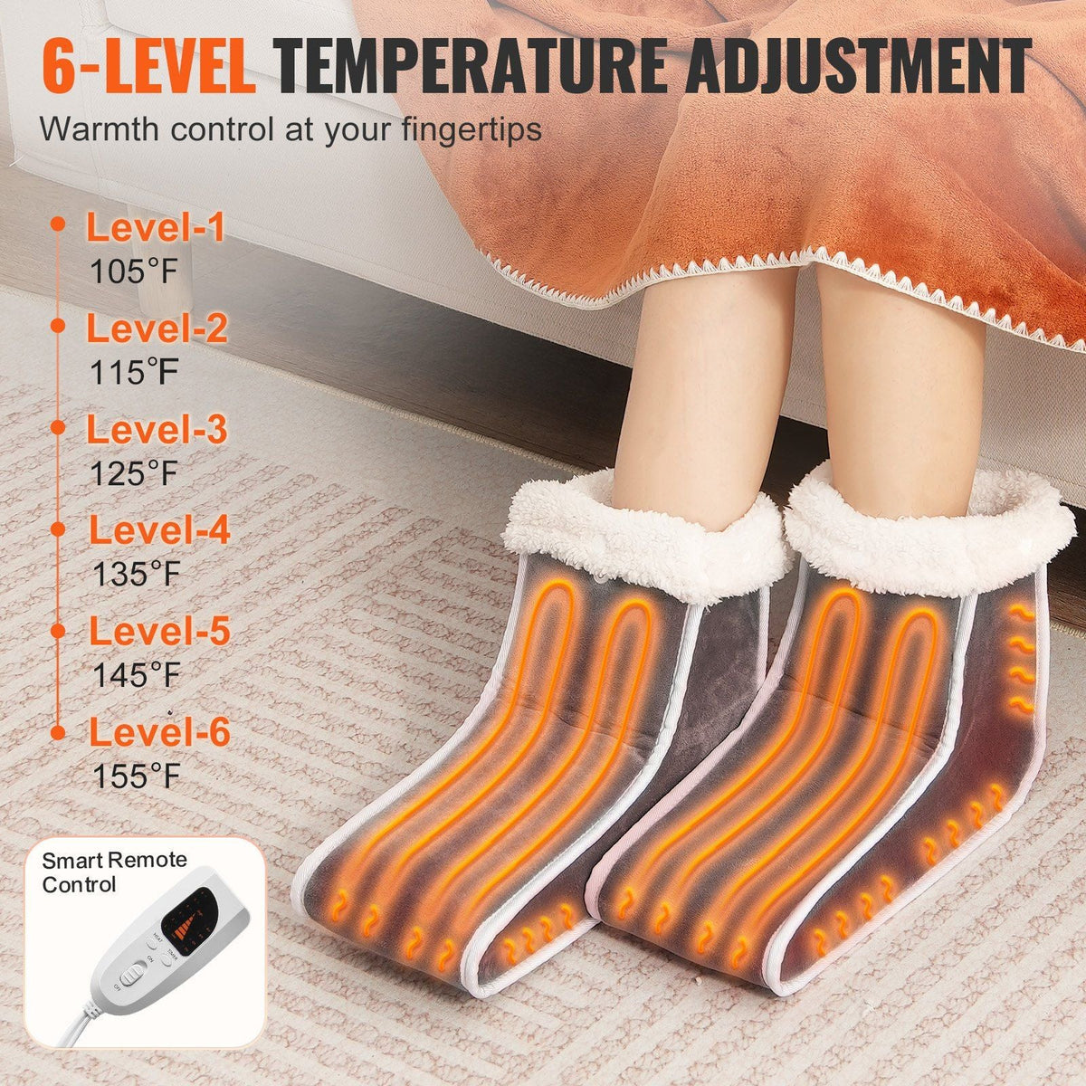 Split Electric Foot Warmer 6-Level Heating Slippers Feet Warmer with Timer