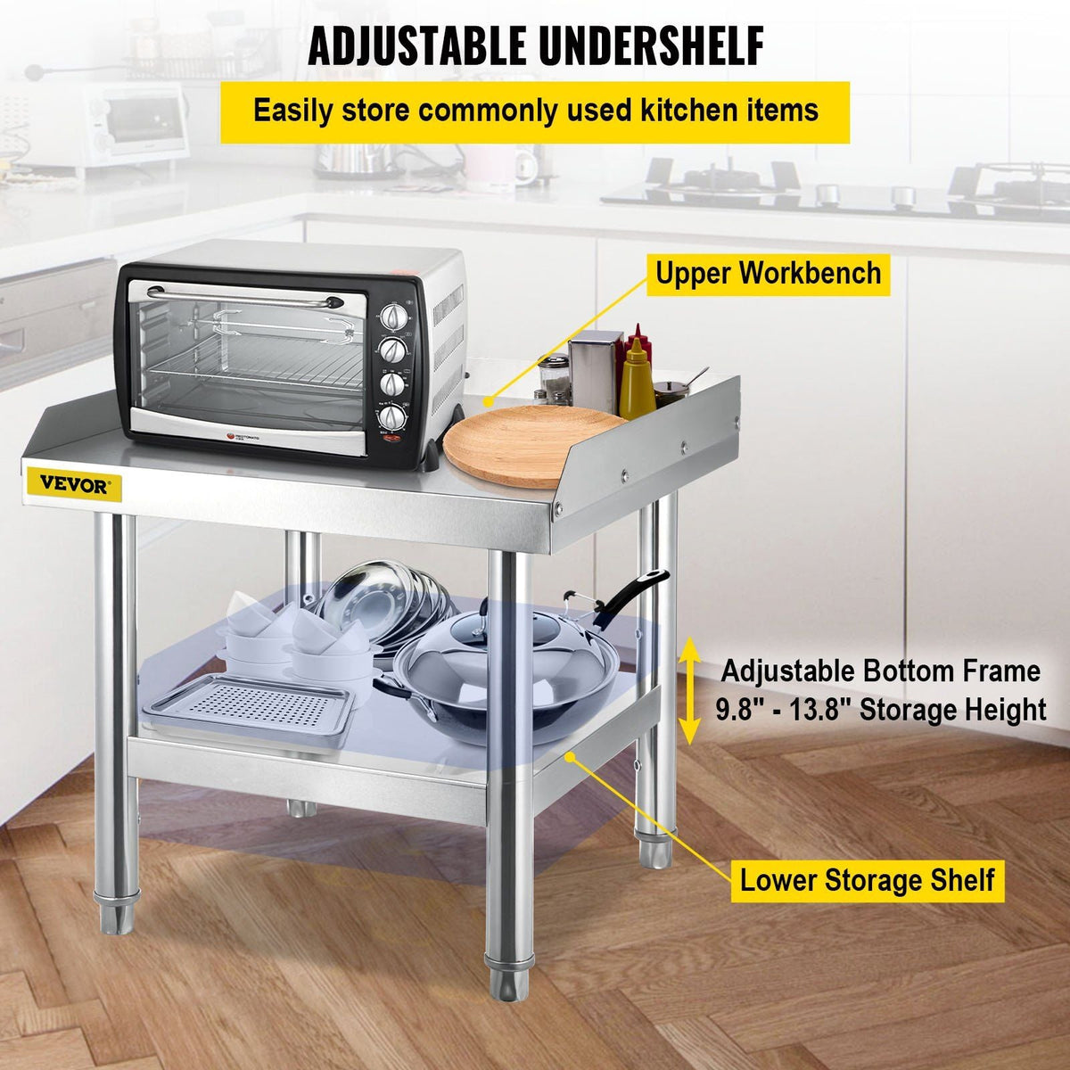 Stainless Steel Equipment Grill Stand, 24 x 24 x 24 Inches Stainless Table, Grill Stand Table with Adjustable Storage Undershelf, Equipment Stand Grill Table for Hotel, Home, Restaurant Kitchen