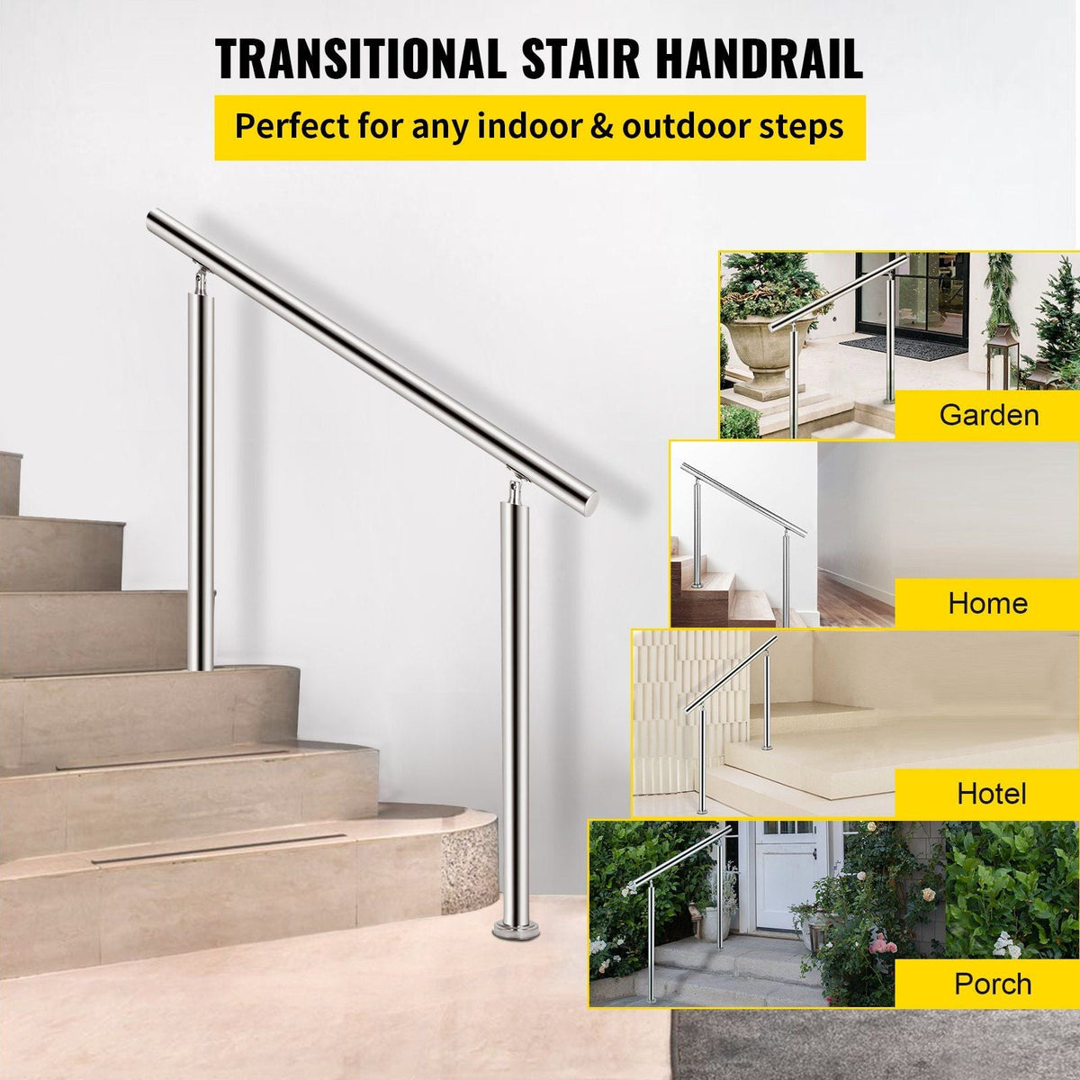 Stainless Steel Handrail 551LBS Load Handrail for Outdoor Steps 32x34" Outdoor Stair Railing Silver Stair Handrail Transitional Range from 0 to 90° Stair Rail Fits 1-2 Steps with Screw Kit