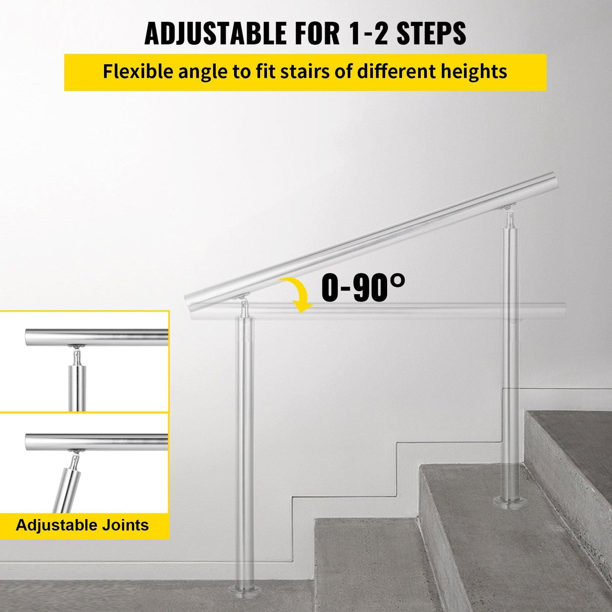 Stainless Steel Handrail 551LBS Load Handrail for Outdoor Steps 32x34" Outdoor Stair Railing Silver Stair Handrail Transitional Range from 0 to 90° Stair Rail Fits 1-2 Steps with Screw Kit