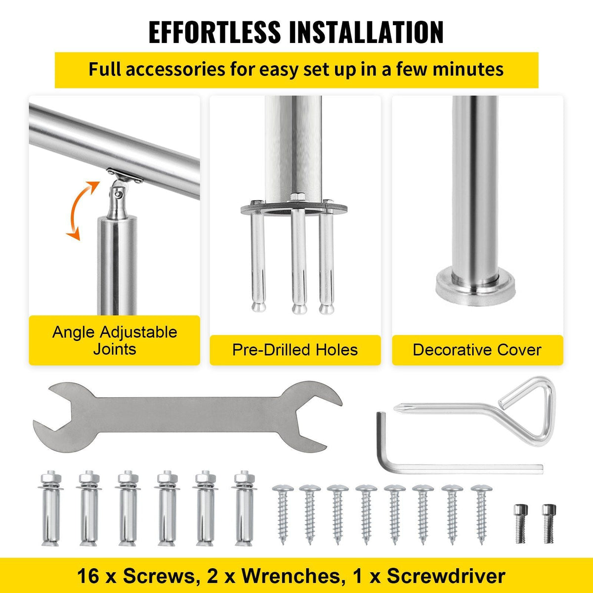 Stainless Steel Handrail 551LBS Load Handrail for Outdoor Steps 39x34" Outdoor Stair Railing Silver Stair Handrail Transitional Range from 0 to 90° Stair Rail Fits 2-3 Steps with Screw Kit