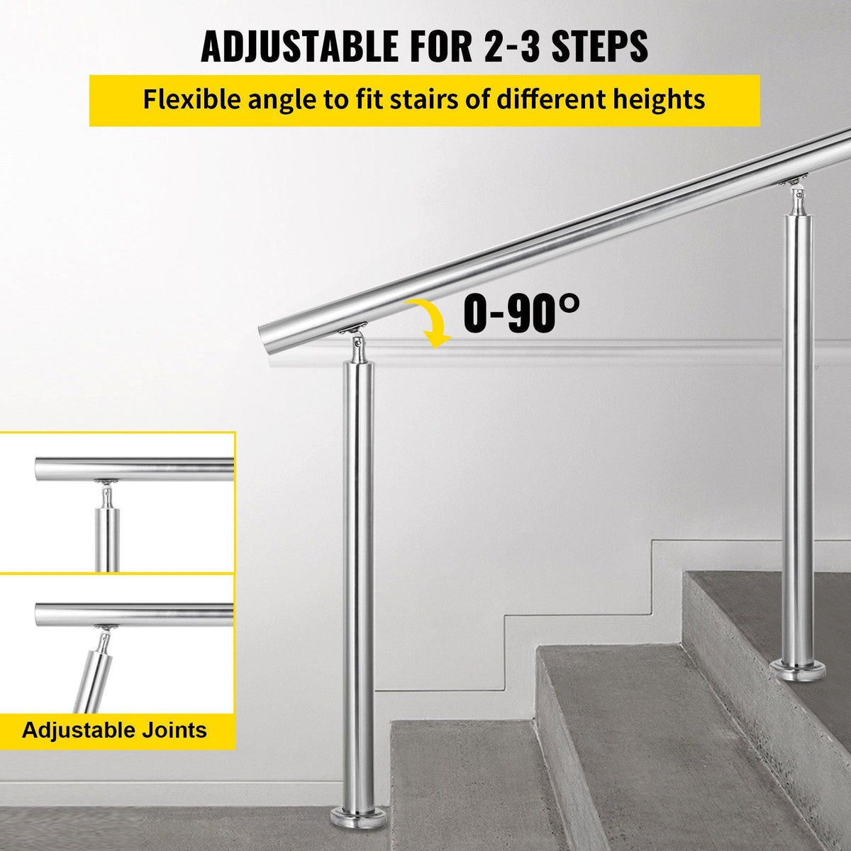 Stainless Steel Handrail 551LBS Load Handrail for Outdoor Steps 39x34" Outdoor Stair Railing Silver Stair Handrail Transitional Range from 0 to 90° Stair Rail Fits 2-3 Steps with Screw Kit