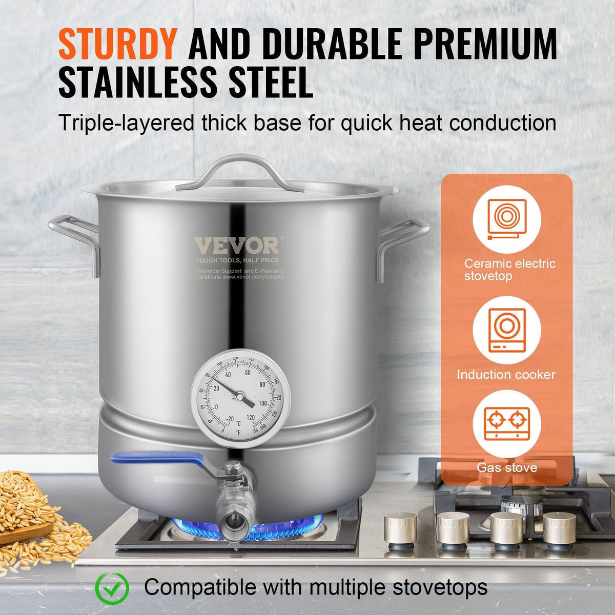 Stainless Steel Kettle, 5 GALLON Brewing Pot, Tri Ply Bottom for Beer, Brew Kettle Pot for Beer Brewing, Home Brewing Supplies Includes Lid, Handle, Thermometer, Ball Valve Spigot