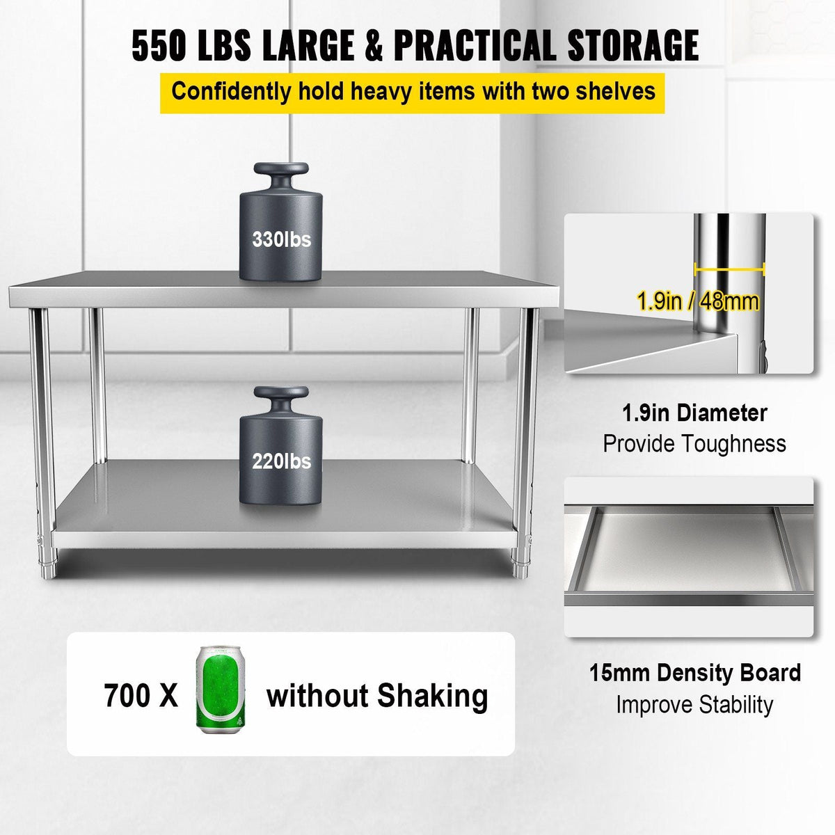 Stainless Steel Prep Table, 60 x 24 x 34 Inch, 550lbs Load Capacity Heavy Duty Metal Worktable with Adjustable Undershelf, Commercial Workstation for Kitchen Restaurant Garage Backyard