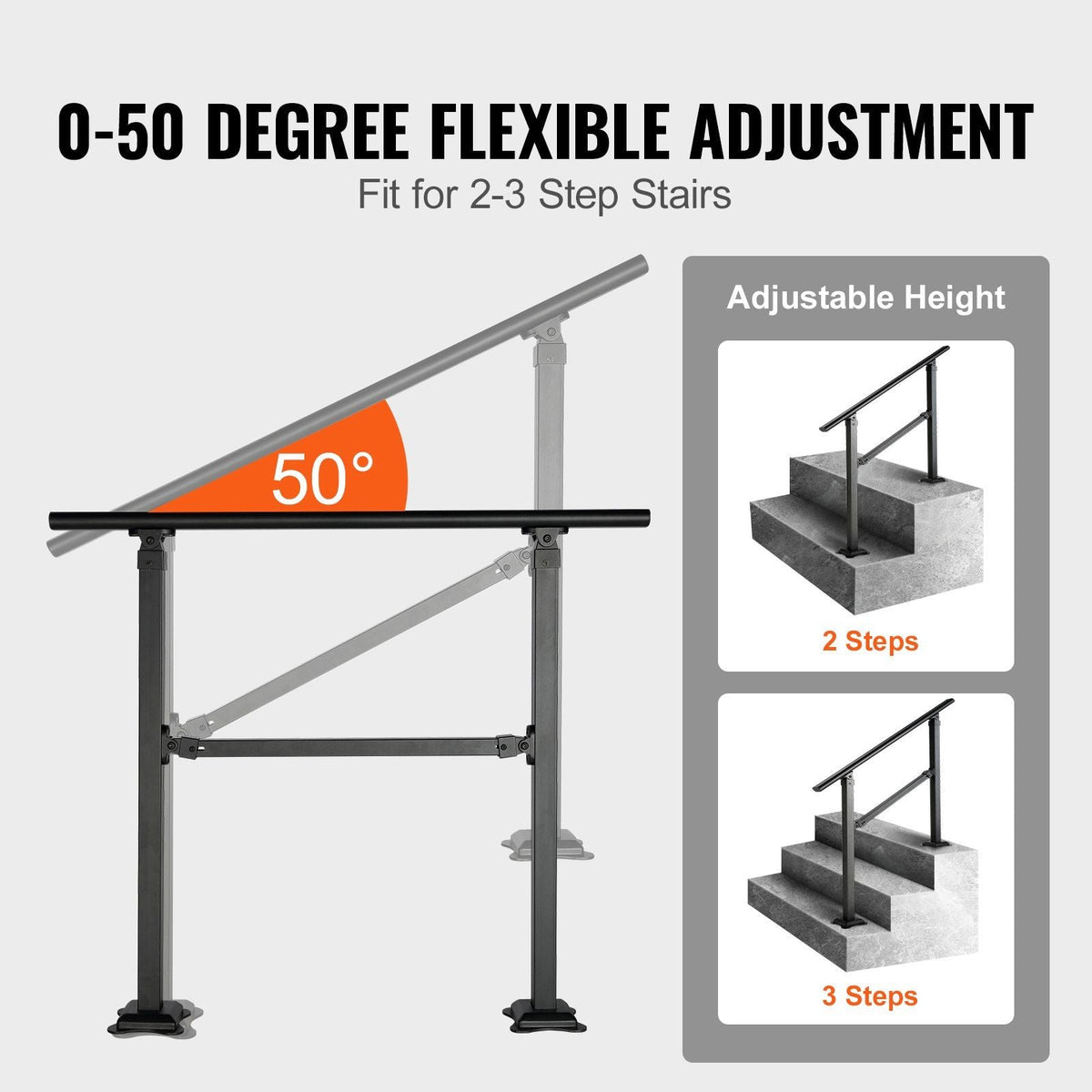Stair Handrail Railing, 3 ft, 3 Steps Handrails for Outdoor, Carbon Steel and Metal Hand Rail with Installation Kit, 0-50 Degree Adjustable, Perfect for Concrete Wooden Floors Ceramic Tiles