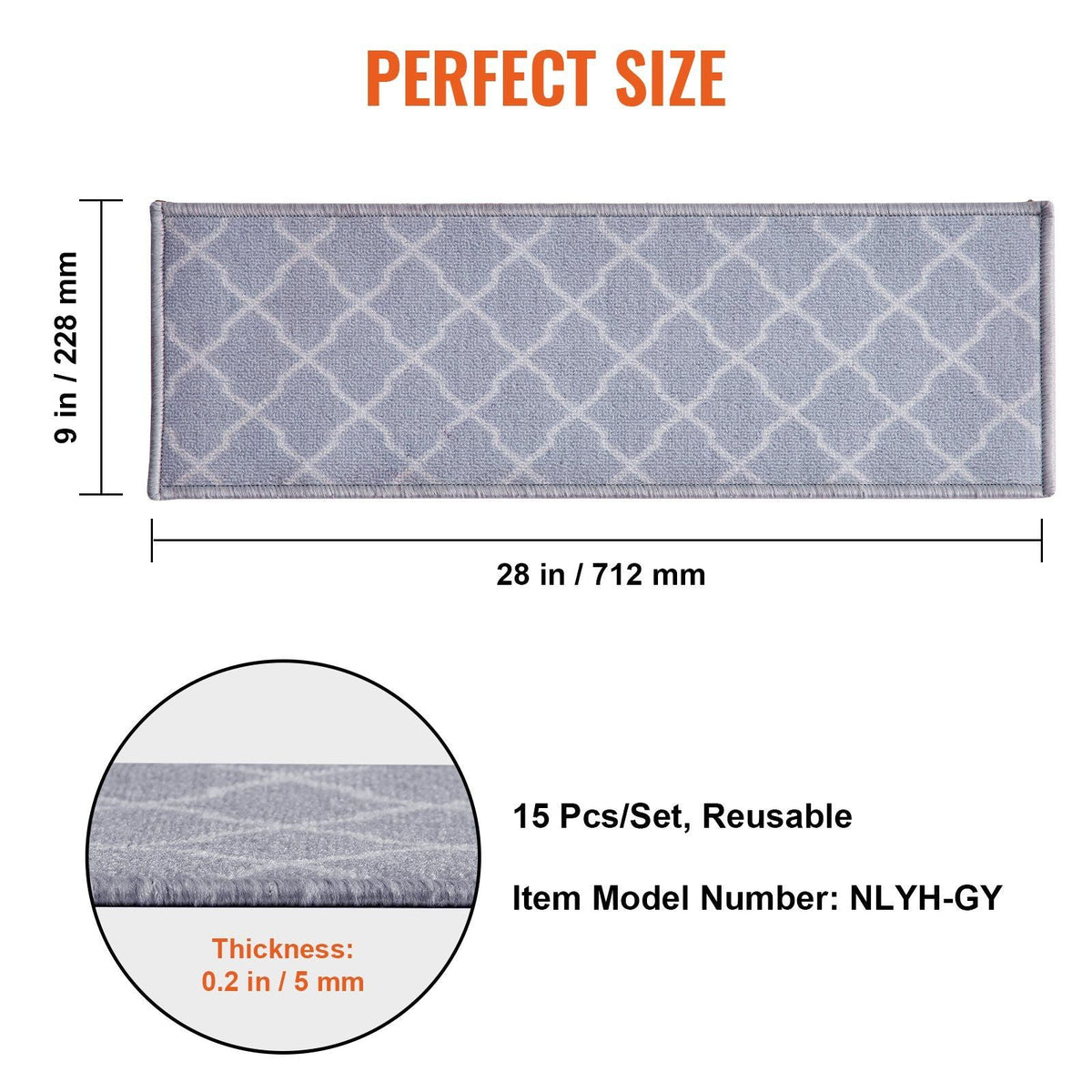Stair Treads, Stairs Carpet Non Slip 9" x 28", Indoor Stair Runner for Wooden Steps, Anti Slip Carpet Soft Edging Stair Rugs Mats for Kids Elders and Dogs, 15 pcs, Light Gray