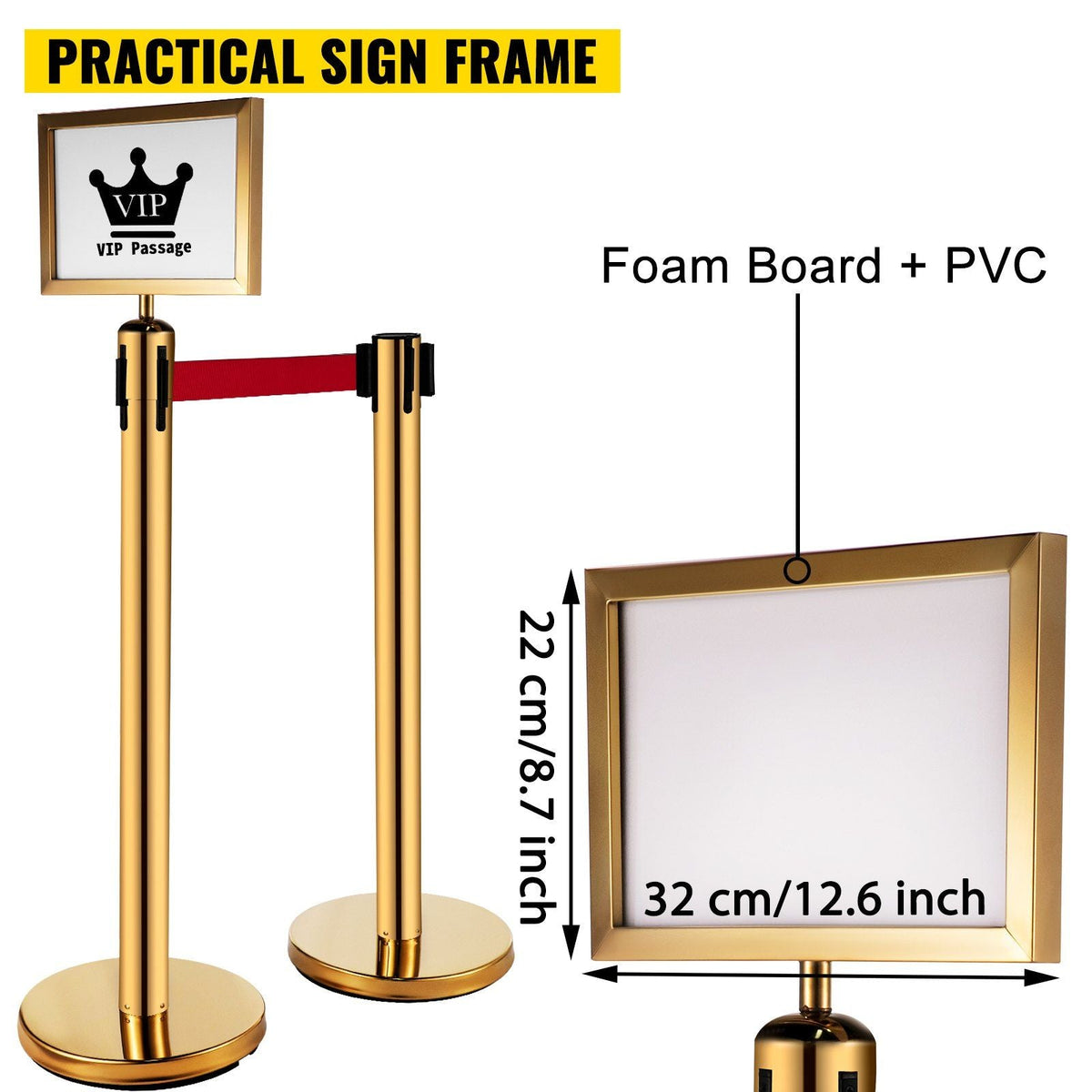 Stanchion Post Barriers 4-Set Line Dividers, Stainless Steel Stanchions with 6.6 Red Retractable Belts, Stanchions with One Sign Frame, 34.6 Queue Safety Stanchions (Gold)