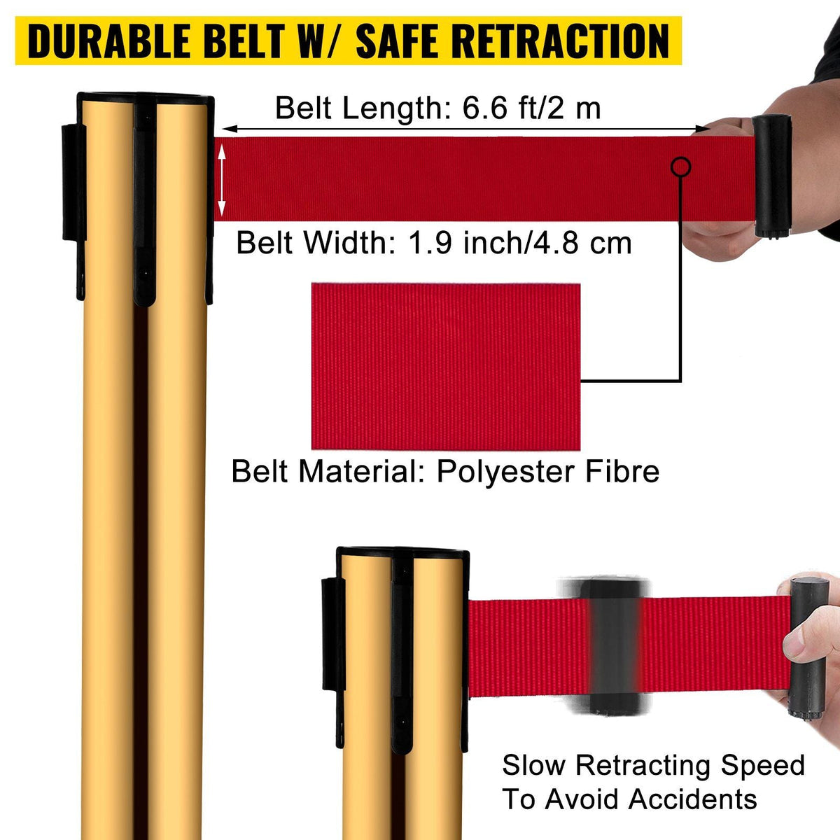 Stanchion Post Barriers 4-Set Line Dividers, Stainless Steel Stanchions with 6.6 Red Retractable Belts, Stanchions with One Sign Frame, 34.6 Queue Safety Stanchions (Gold)