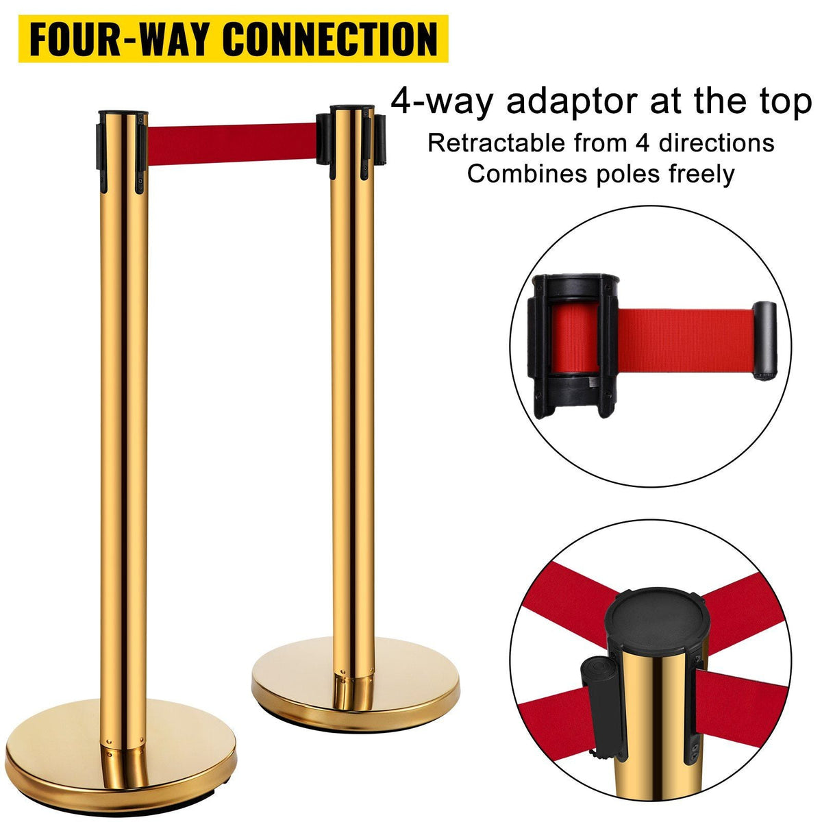 Stanchion Post Barriers 4-Set Line Dividers, Stainless Steel Stanchions with 6.6 Red Retractable Belts, Stanchions with One Sign Frame, 34.6 Queue Safety Stanchions (Gold)