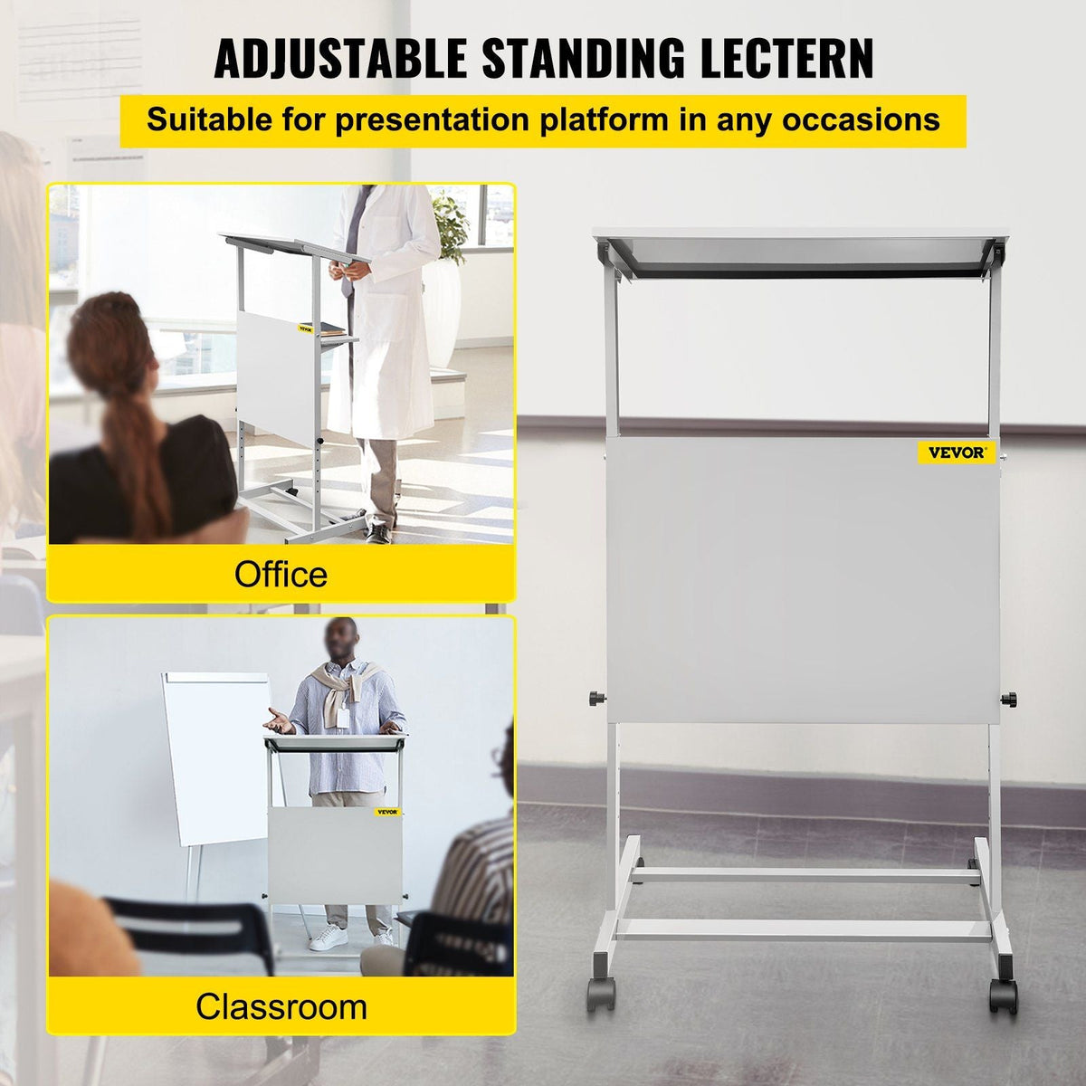 Stand Up Lectern, Height Adjustment Portable Pulpit, Lectern Podium with 4 Rolling Casters, Lower Storage Shelf Floor Lectern Podium, White Lecterns & Podiums for Classroom, Concert, Church