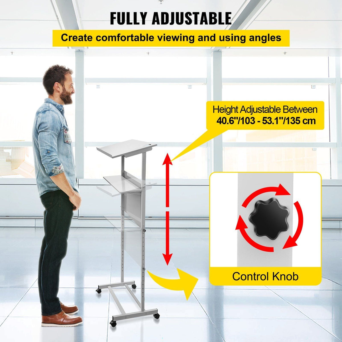 Stand Up Lectern, Height Adjustment Portable Pulpit, Lectern Podium with 4 Rolling Casters, Lower Storage Shelf Floor Lectern Podium, White Lecterns & Podiums for Classroom, Concert, Church