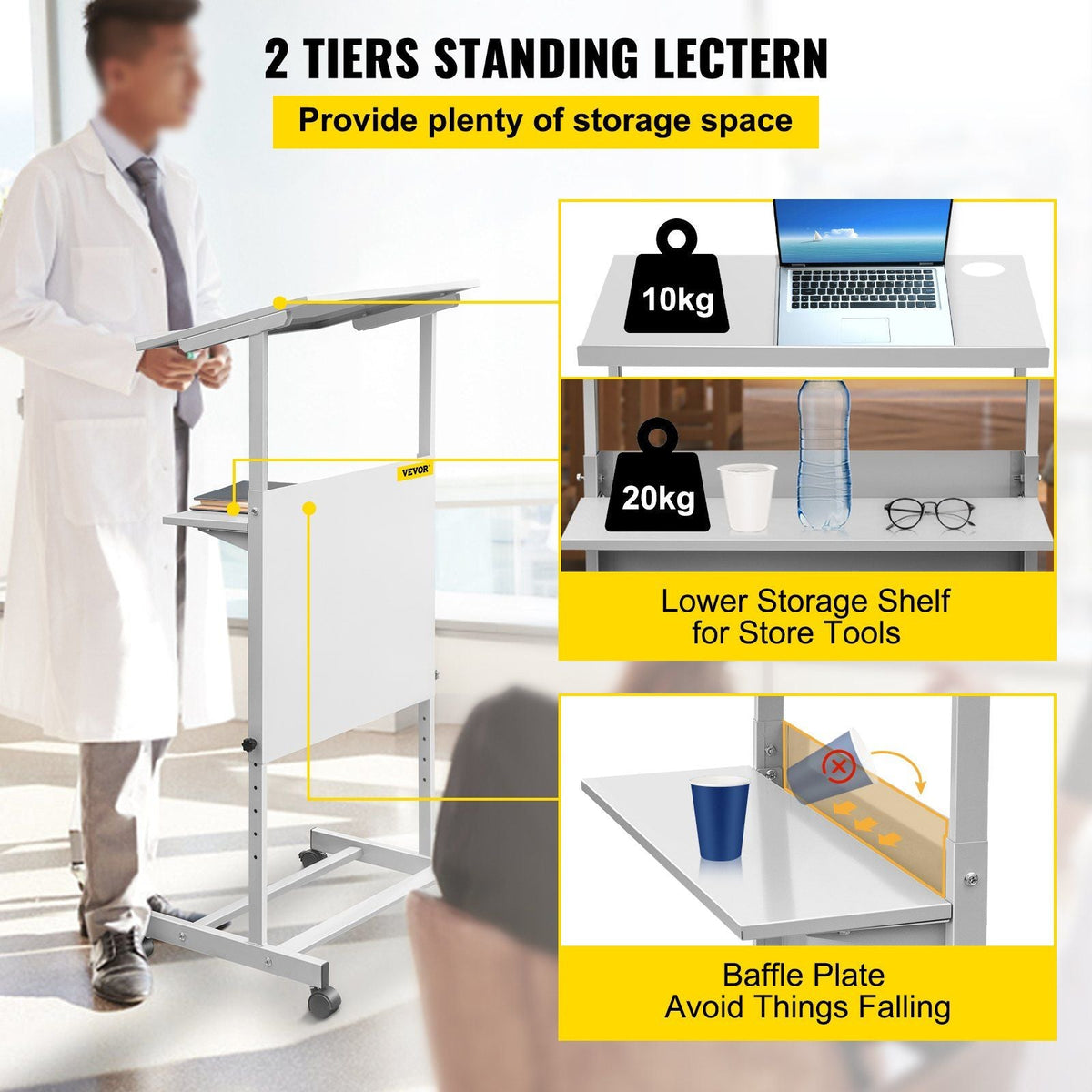 Stand Up Lectern, Height Adjustment Portable Pulpit, Lectern Podium with 4 Rolling Casters, Lower Storage Shelf Floor Lectern Podium, White Lecterns & Podiums for Classroom, Concert, Church