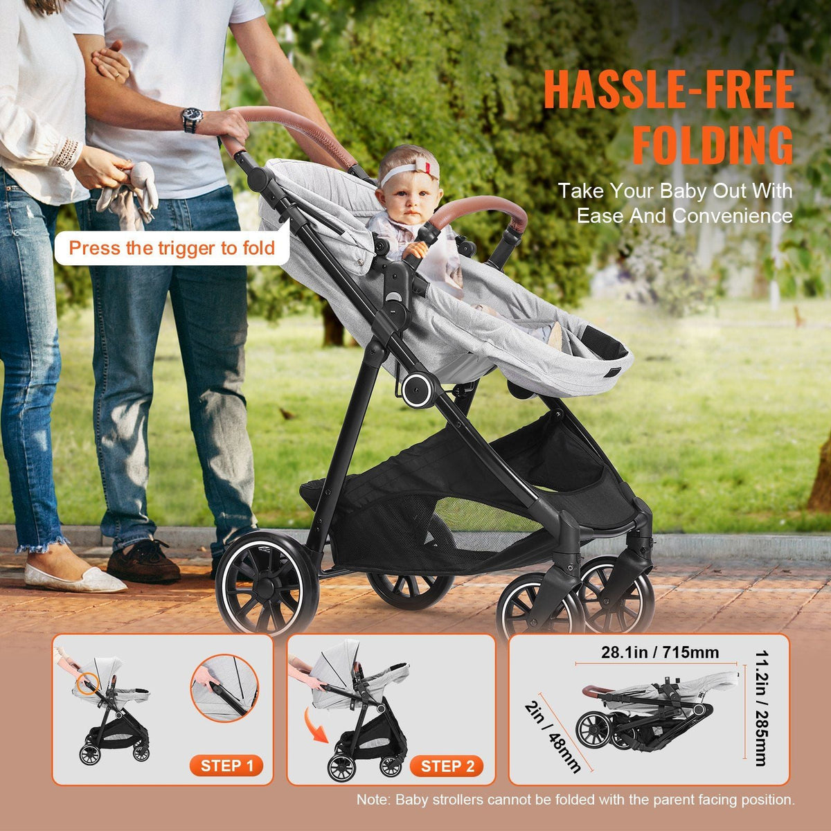 Standard Baby Stroller, Infant Toddler Stroller with Bassinet, 3rd-Gear Adjustable Backrest & Foldable & Reversible Seat, Carbon Steel Newborn Stroller with Leg Cover and Mesh Net, Light Grey