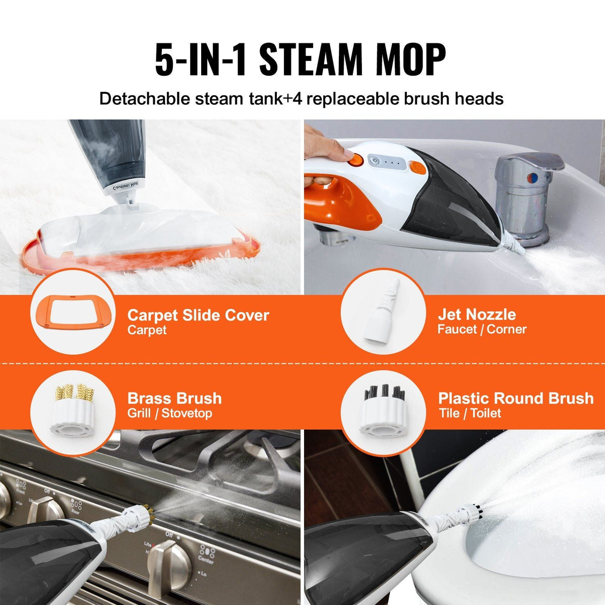 Steam Mop, 5-in-1 Hard Wood Floor Cleaner with 4 Replaceable Brush Heads, for Various Hard Floors, Like Ceramic, Granite, Marble, Linoleum, Natural Floor Mop with 2 pcs Machine Washable Pads