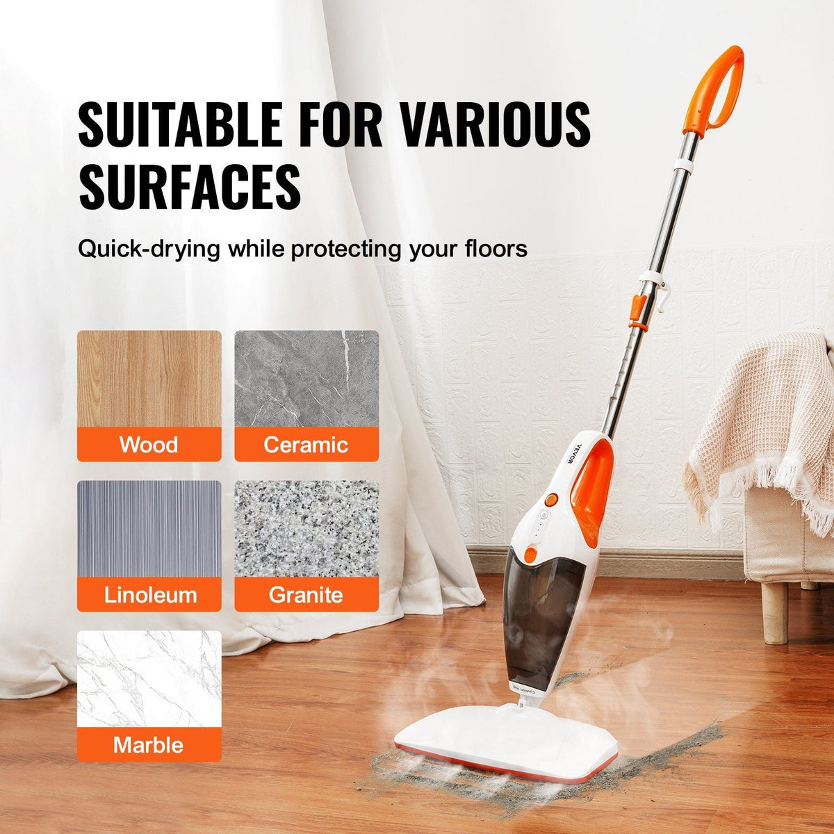 Steam Mop, 5-in-1 Hard Wood Floor Cleaner with 4 Replaceable Brush Heads, for Various Hard Floors, Like Ceramic, Granite, Marble, Linoleum, Natural Floor Mop with 2 pcs Machine Washable Pads