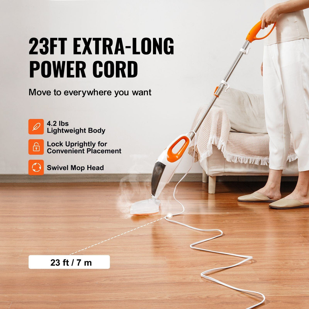 Steam Mop, 5-in-1 Hard Wood Floor Cleaner with 4 Replaceable Brush Heads, for Various Hard Floors, Like Ceramic, Granite, Marble, Linoleum, Natural Floor Mop with 2 pcs Machine Washable Pads