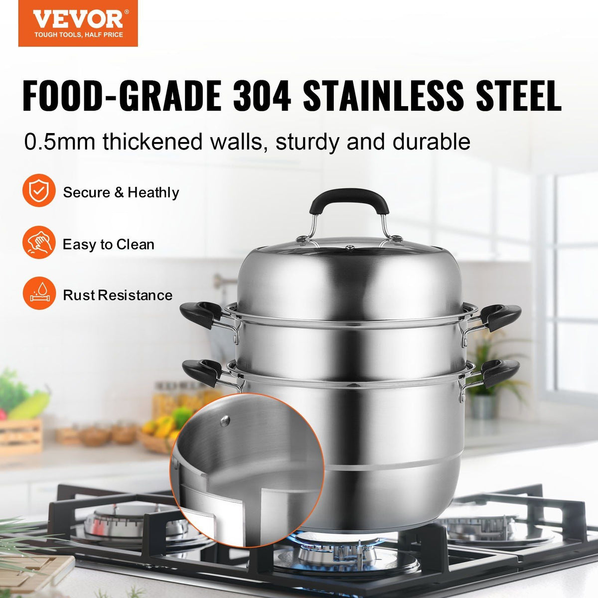 Steamer Pot 11in/28cm, 3 Tier Steamer Pot for Cooking with 8.5QT Stock Pot, Vegetable Steamer & 2 Steaming Tray, Food-Grade 304 Stainless Steel Food Steamer Cookware for Gas Electric Stove Grill