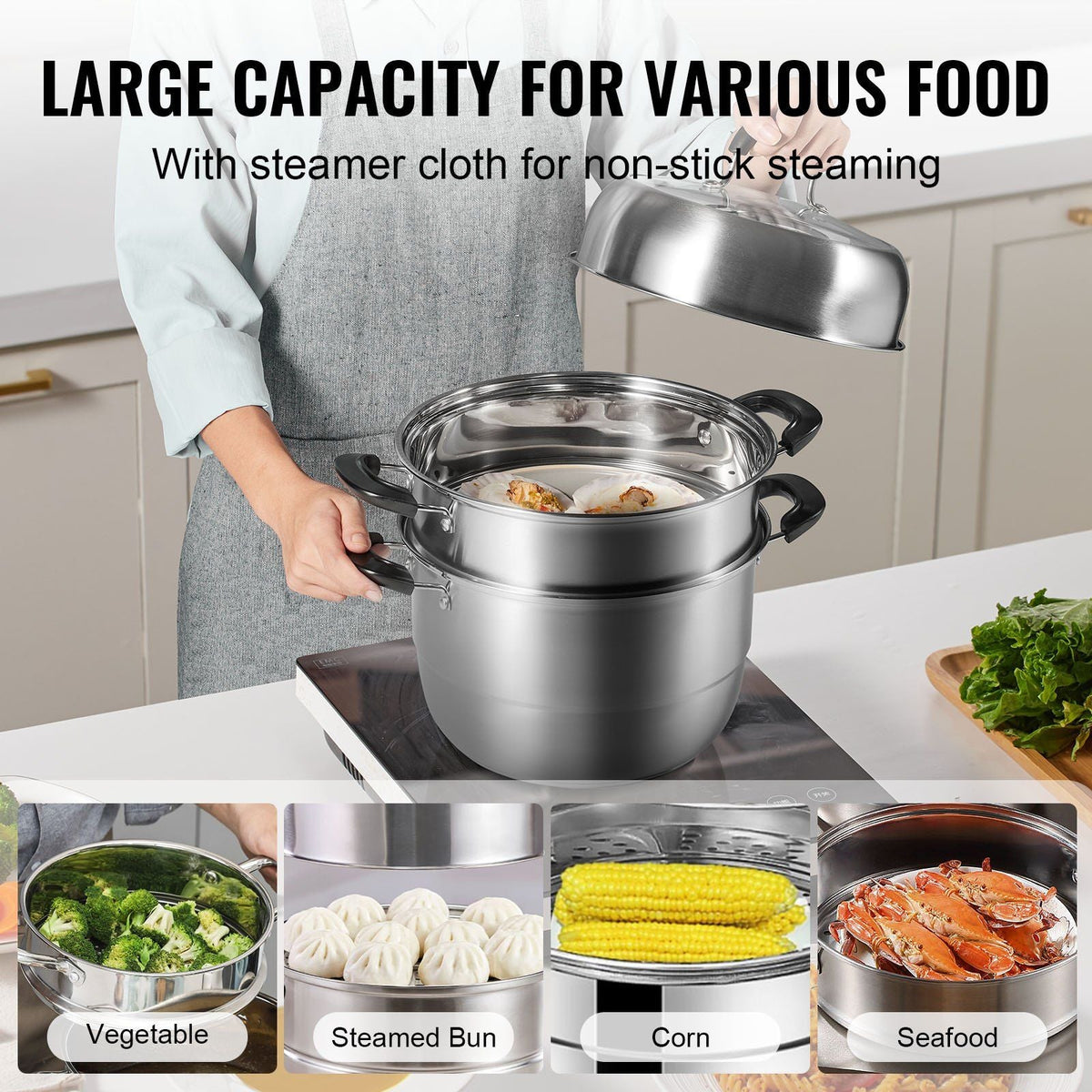 Steamer Pot 11in/28cm, 3 Tier Steamer Pot for Cooking with 8.5QT Stock Pot, Vegetable Steamer & 2 Steaming Tray, Food-Grade 304 Stainless Steel Food Steamer Cookware for Gas Electric Stove Grill