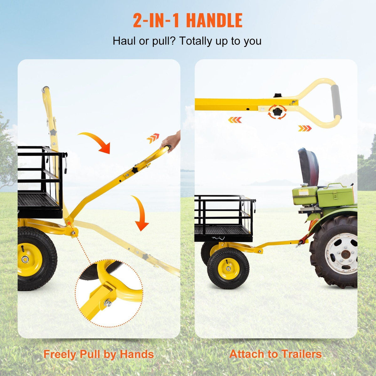 Steel Garden Cart, Heavy Duty 1200 lbs Capacity, with Removable Mesh Sides to Convert into Flatbed, Utility Metal Wagon with 2-in-1 Handle and 13 in Tires, Perfect for Garden, Farm, Yard