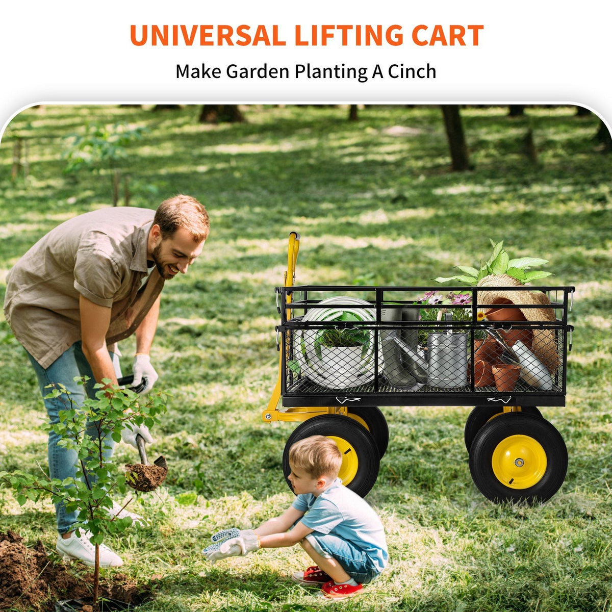 Steel Garden Cart, Heavy Duty 1400 lbs Capacity, with Removable Mesh Sides to Convert into Flatbed, Utility Metal Wagon with 2-in-1 Handle and 15 in Tires, Perfect for Garden, Farm, Yard