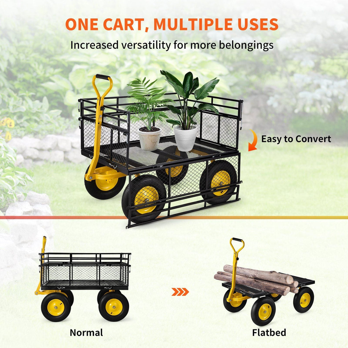 Steel Garden Cart, Heavy Duty 1400 lbs Capacity, with Removable Mesh Sides to Convert into Flatbed, Utility Metal Wagon with 2-in-1 Handle and 15 in Tires, Perfect for Garden, Farm, Yard