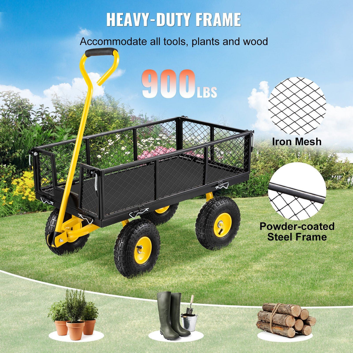 Steel Garden Cart, Heavy Duty 900 lbs Capacity, with Removable Mesh Sides to Convert into Flatbed, Utility Metal Wagon with 180° Rotating Handle and 10 in Tires, Perfect for Garden, Farm, Yard