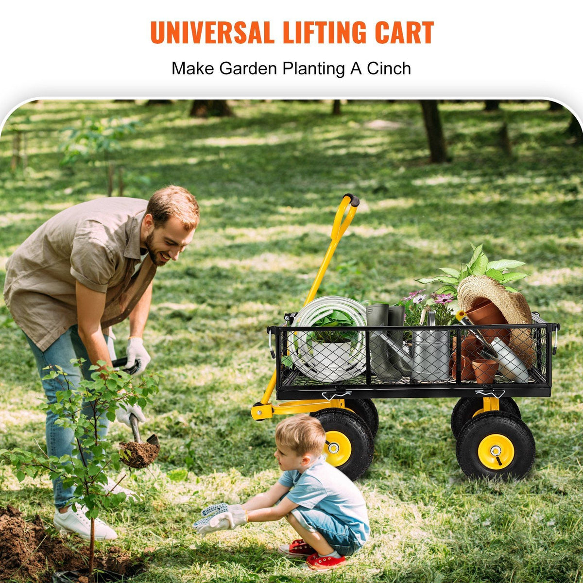 Steel Garden Cart, Heavy Duty 900 lbs Capacity, with Removable Mesh Sides to Convert into Flatbed, Utility Metal Wagon with 180° Rotating Handle and 10 in Tires, Perfect for Garden, Farm, Yard