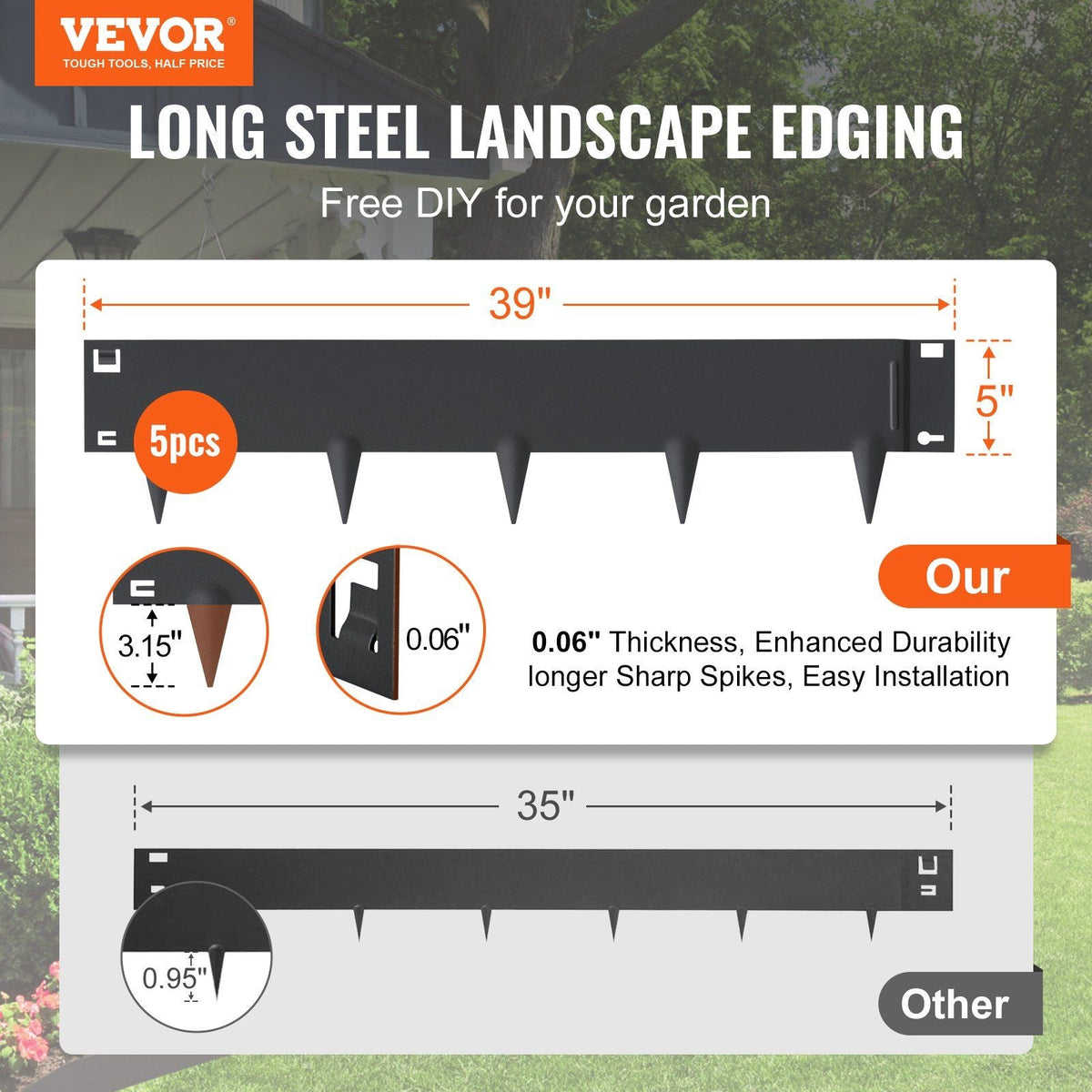 Steel Landscape Edging, 5-pack Steel Garden Edging Borders, 39" L x 5" H Strips, Hammer-in Edging Border, Bendable Metal Landscape Edging for Yard, Garden, Lawn, 3.15" Spike Height, Black