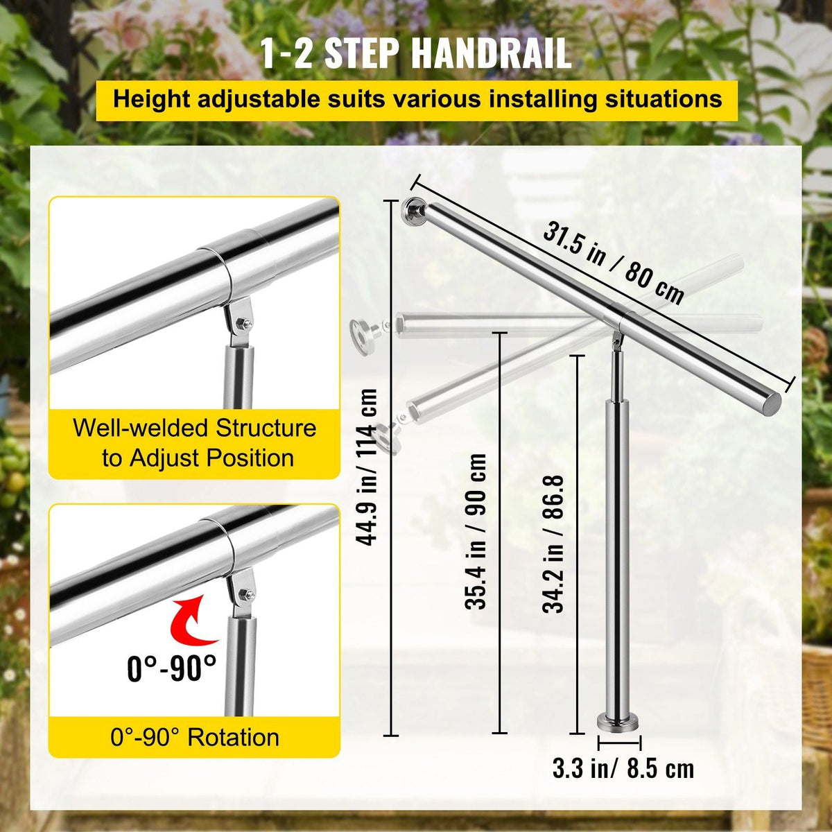 Step Handrail 304 Stainless Steel Stair Railing 1-2 Step for Indoor and Outdoor Adjustable Metal Hand Rails for Steps, 31.5x35.4 Inch, Silver