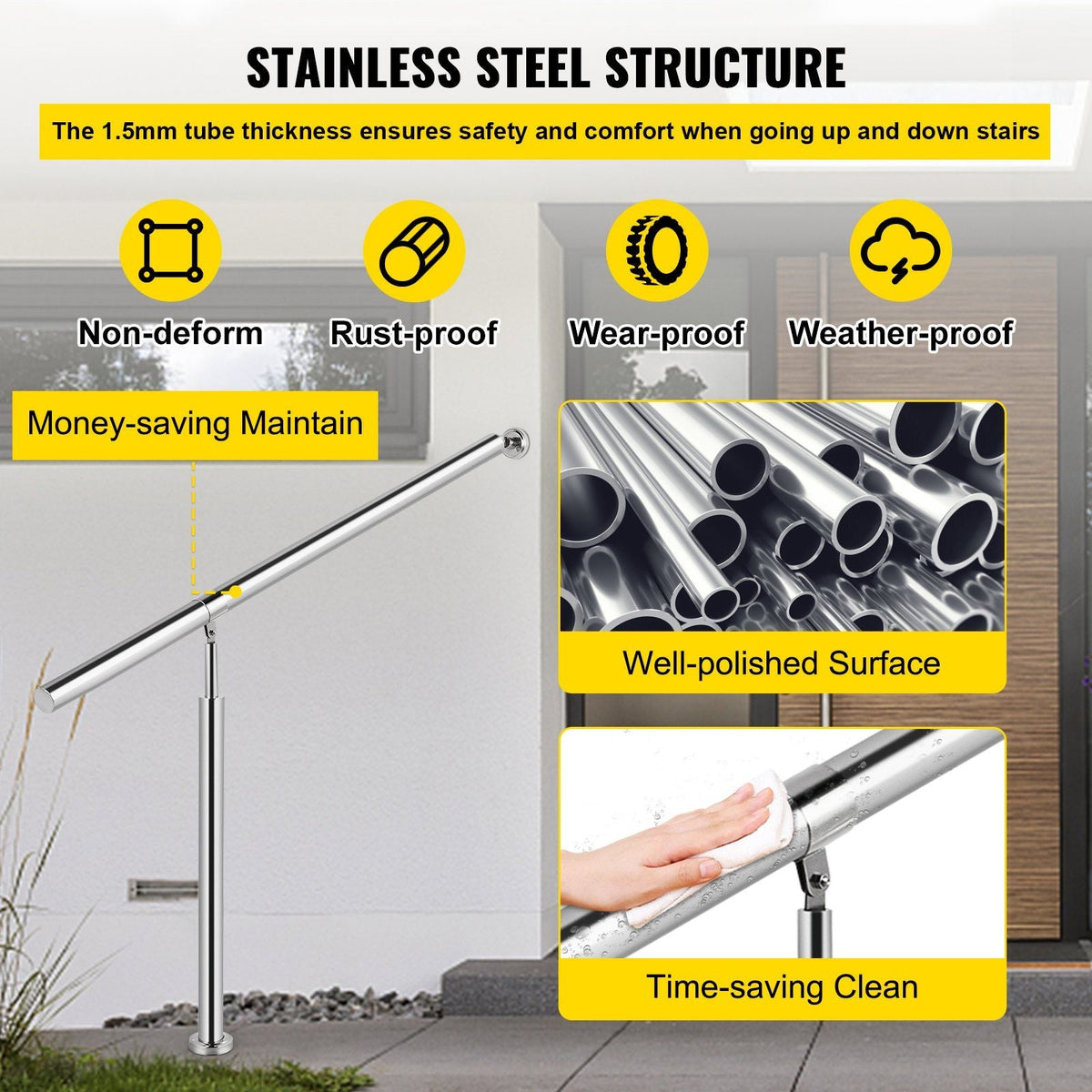 Step Handrail 304 Stainless Steel Stair Railing 3-4 Step for Indoor and Outdoor Adjustable Metal Hand Rails for Steps, 59x35.4 Inch, Silver