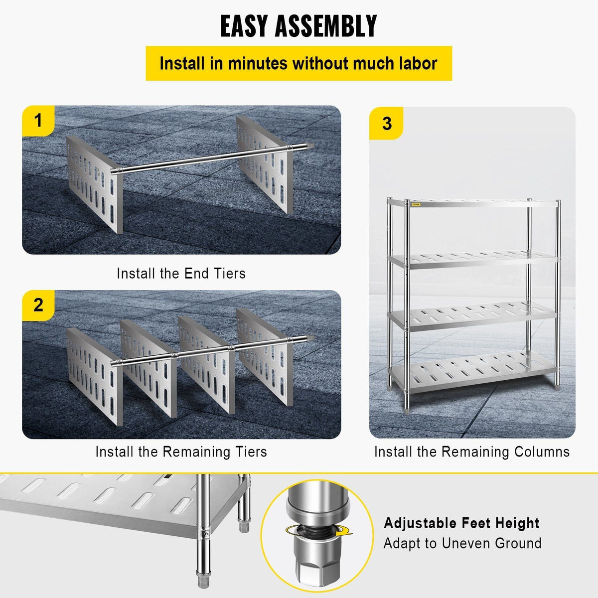 Storage Shelf, 4-Tier Storage Shelving Unit, Stainless Steel Garage Shelf, 47.2 x 17.7 x 61 inch Heavy Duty Storage Shelving, 529 Lbs Total Capacity with Adjustable Height and Vent Holes