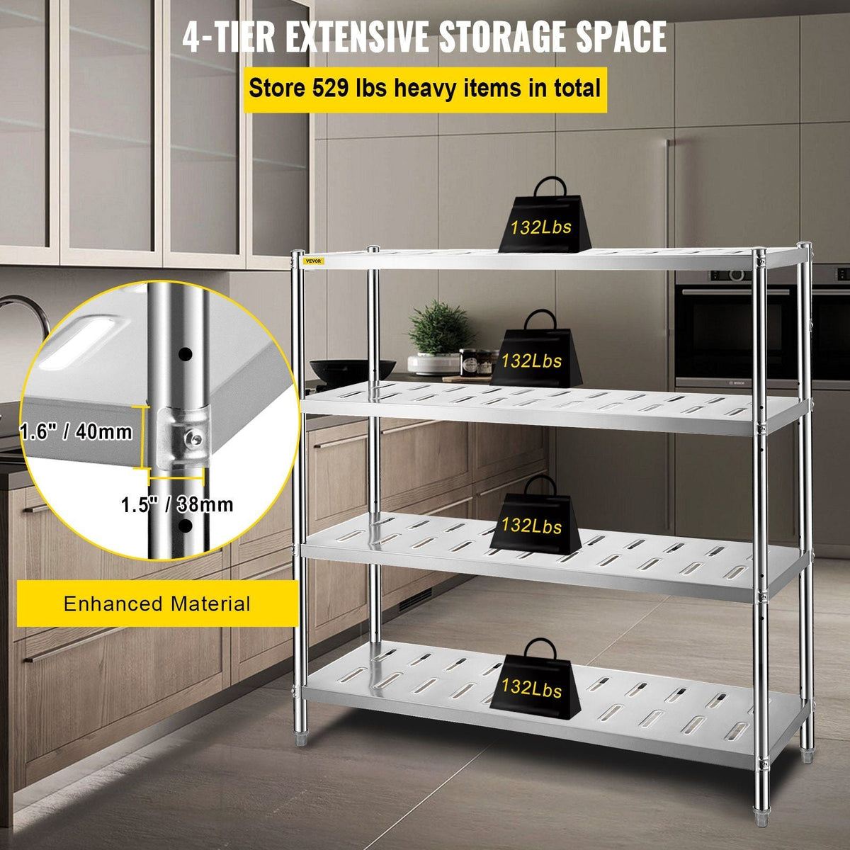 Storage Shelf, 4-Tier Storage Shelving Unit, Stainless Steel Garage Shelf, 59.1 x 17.7 x 61 inch Heavy Duty Storage Shelving, 529 Lbs Total Capacity with Adjustable Height and Vent Holes