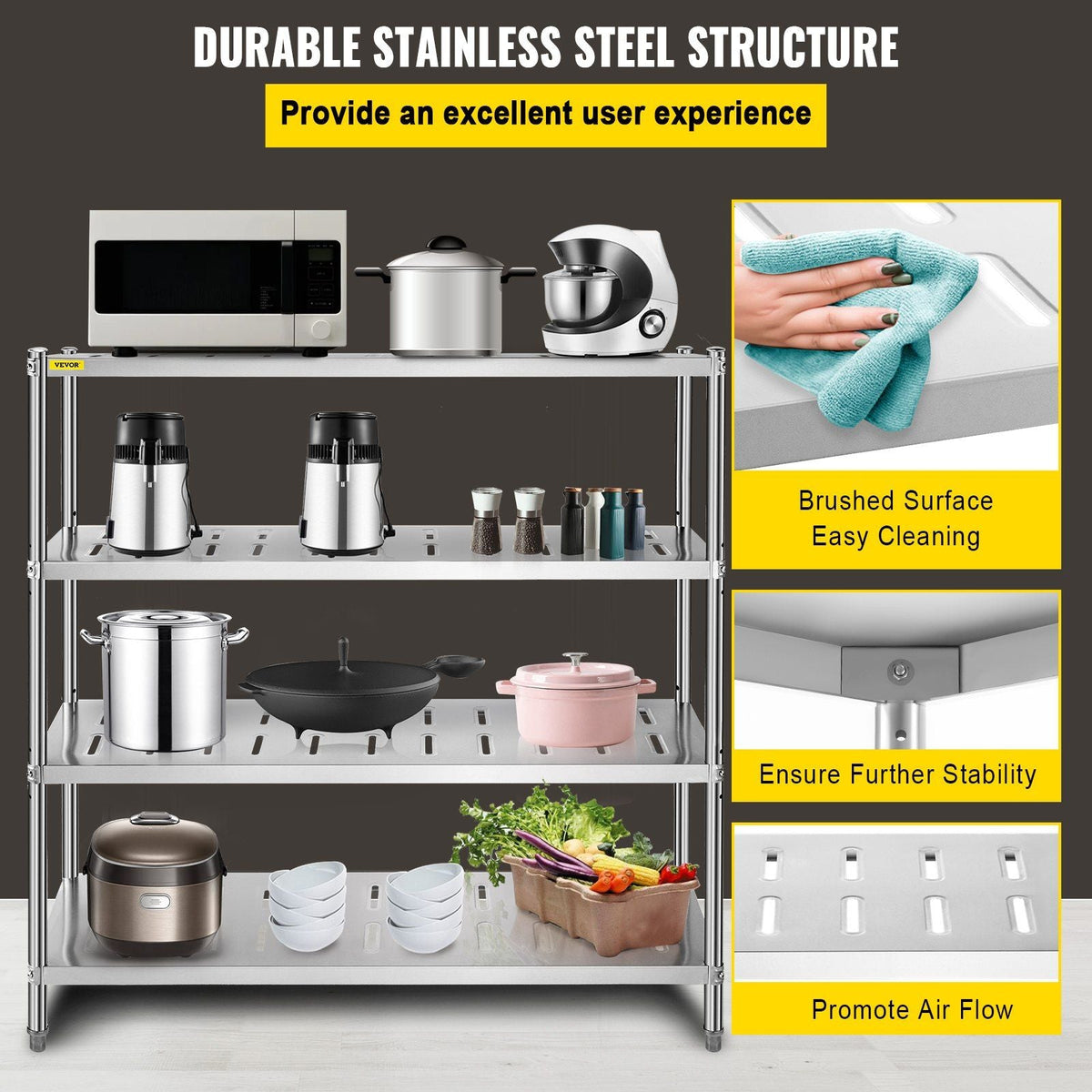 Storage Shelf, 4-Tier Storage Shelving Unit, Stainless Steel Garage Shelf, 59.1 x 17.7 x 61 inch Heavy Duty Storage Shelving, 529 Lbs Total Capacity with Adjustable Height and Vent Holes
