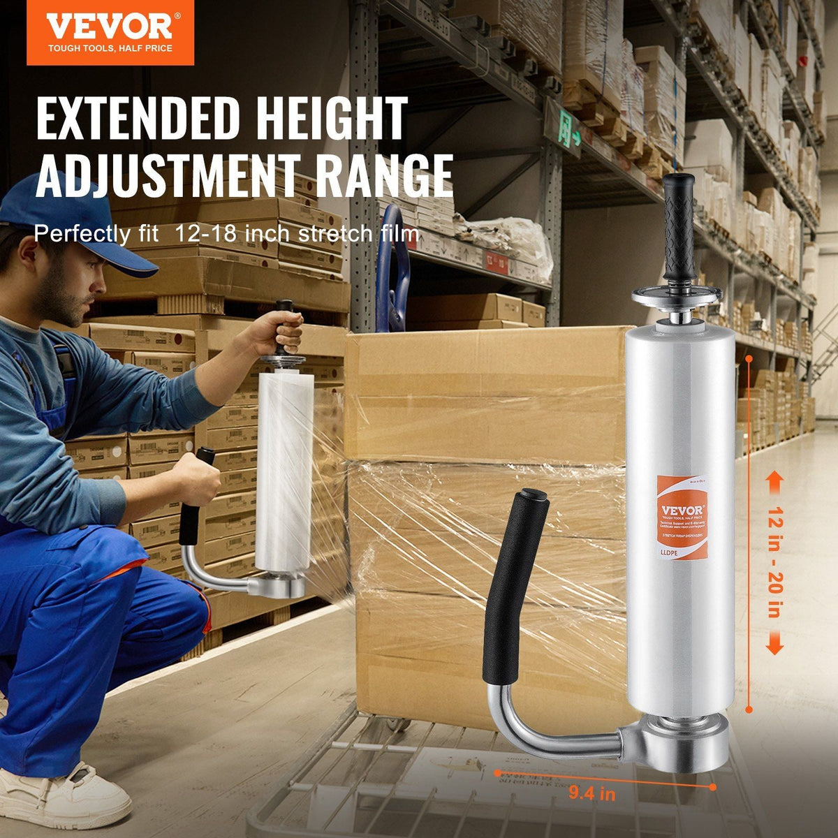 Stretch Film Dispenser, Holds 12"-20" Rolls, Industrial Strength Shrink Wrap Dispenser Holder with Extended Handle, Stretch Film Packing Machine for Pallet Wrapping Shipping Moving (1 Pack)
