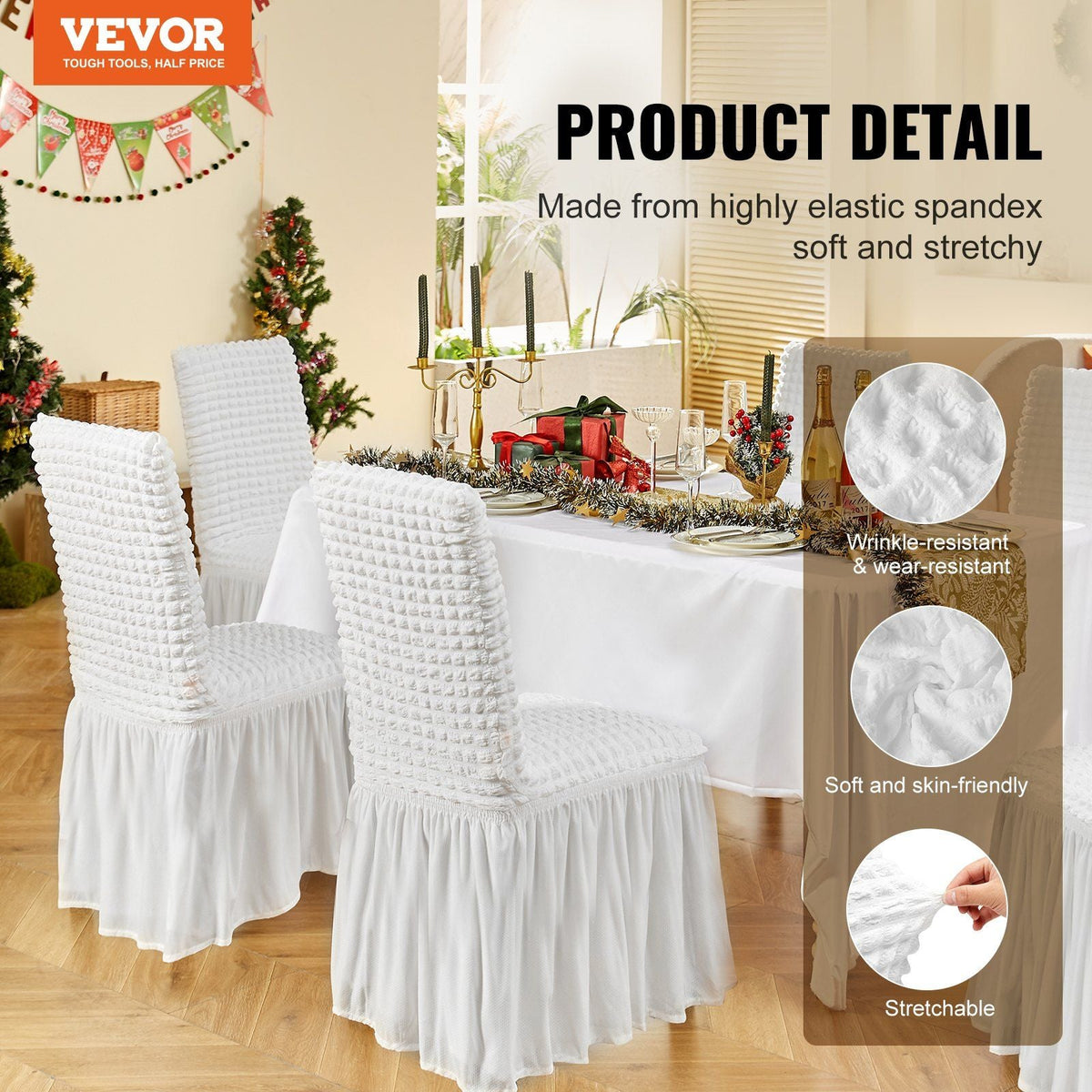 Stretch Spandex Folding Chair Covers, Universal Fitted Chair Cover with Skirt, Removable Washable Protective Slipcovers, for Wedding, Holiday, Banquet, Party, Celebration, Dining (4 PCS White)